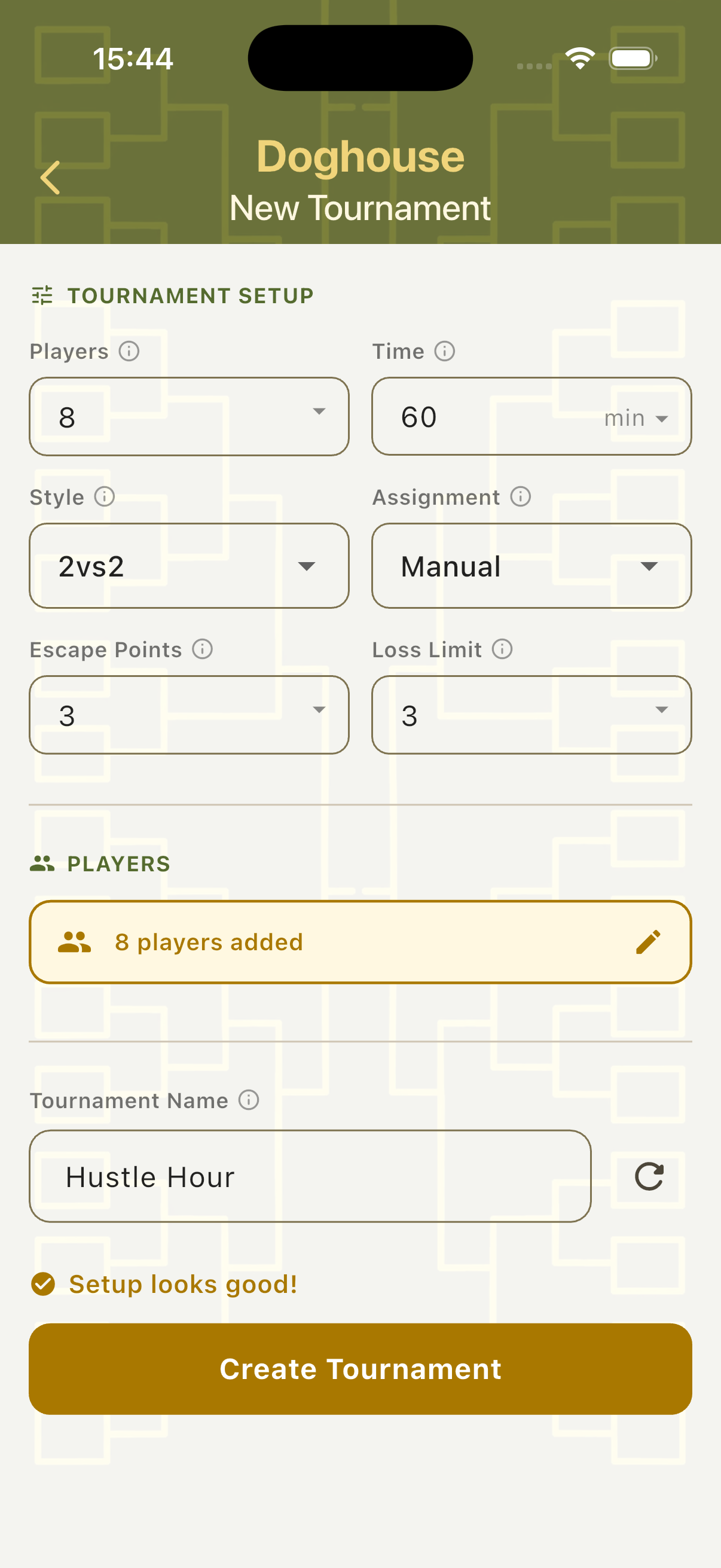 Doghouse setup complete with players added and ready to create tournament