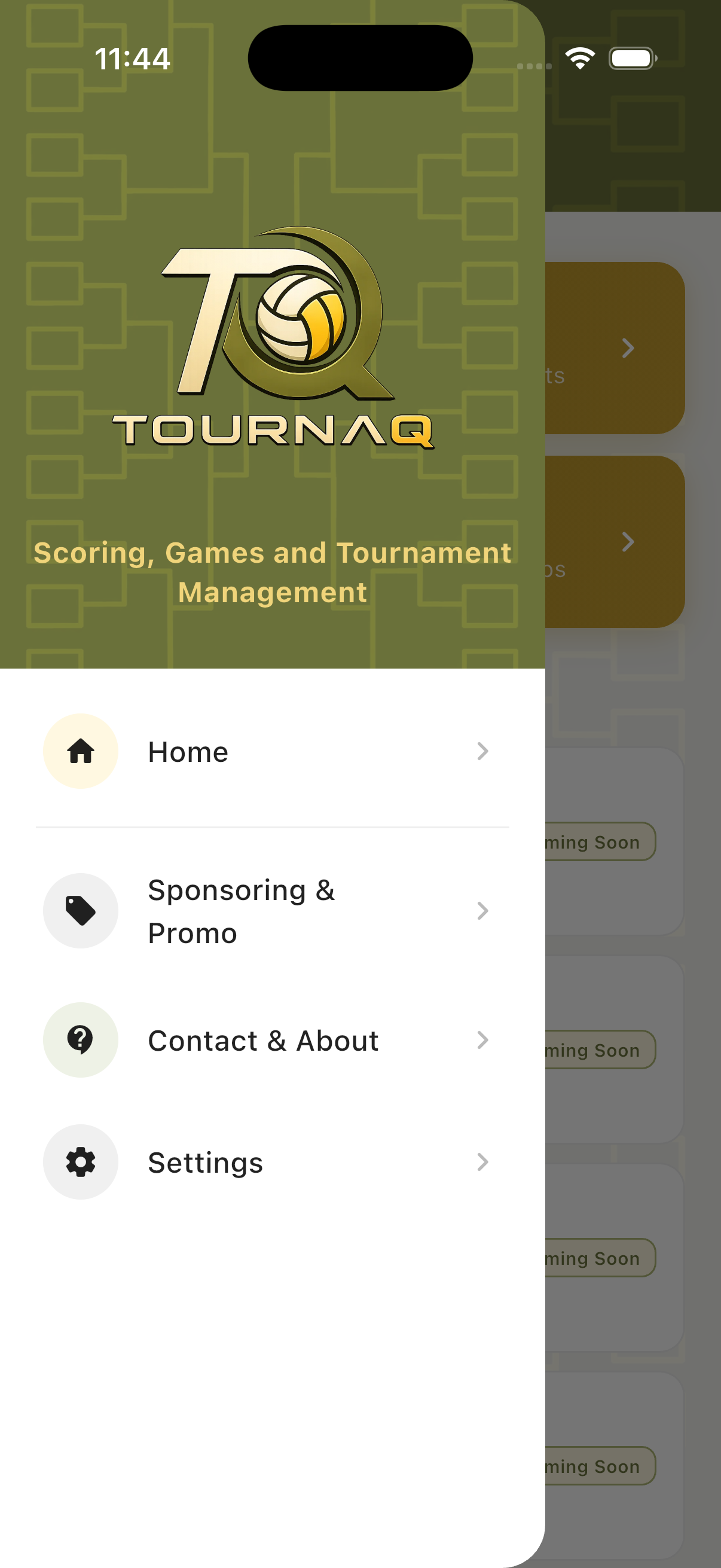 TournaQ side drawer showing logo, Home, Sponsoring and Promo, Contact and About and Settings links