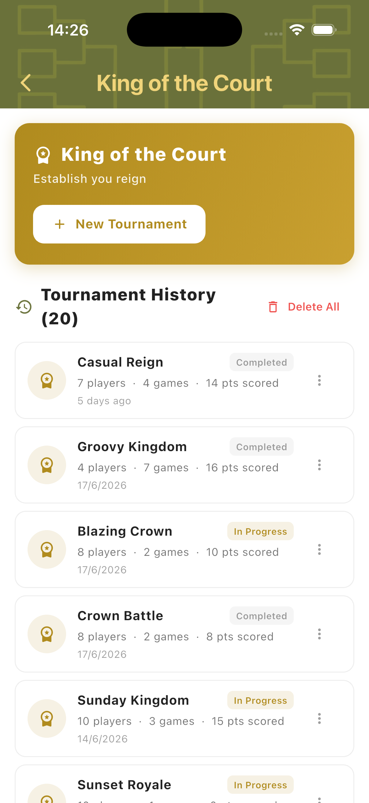 King of the Court hub showing tournament history with player counts, game totals and points scored
