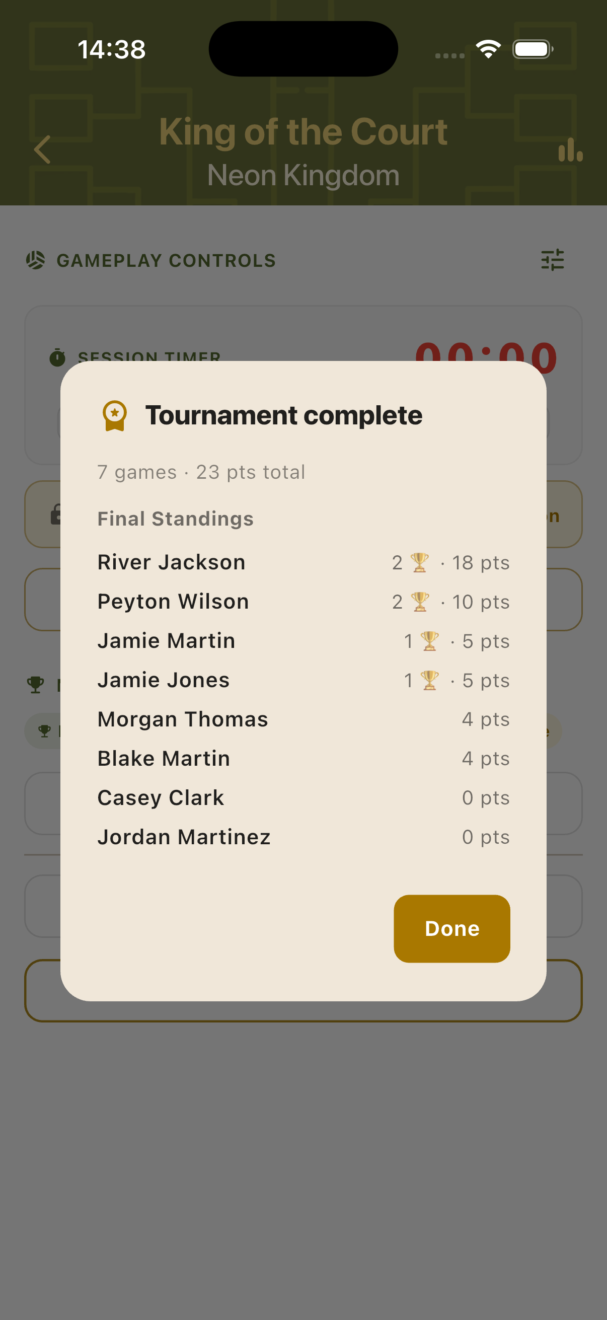 Live mid-session rankings showing player positions by wins and score