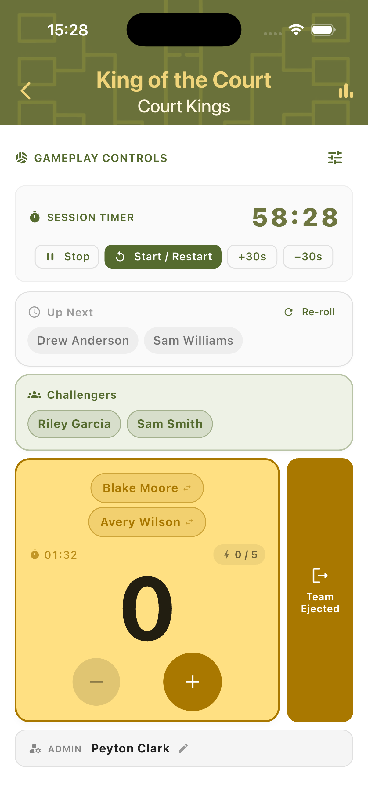 Auto-Allplay scorecard showing session timer, challenger queue, defending team and admin indicator