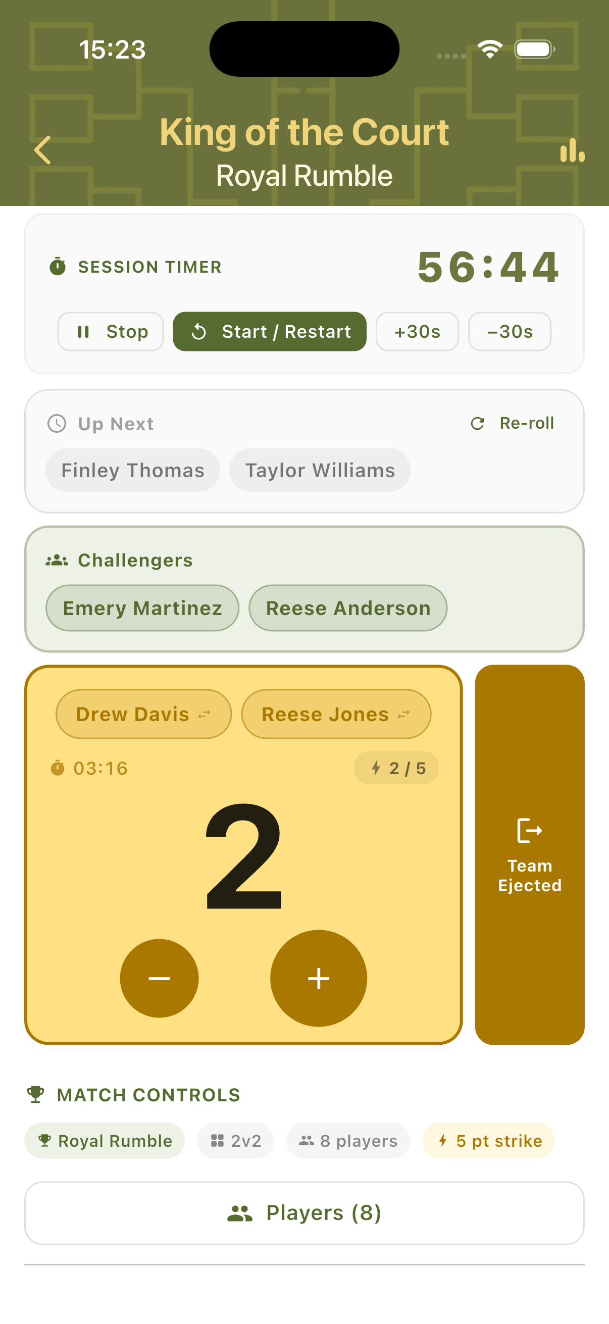 Automated mode scorecard with session timer, Up Next queue, Challengers and defending team card with strike counter