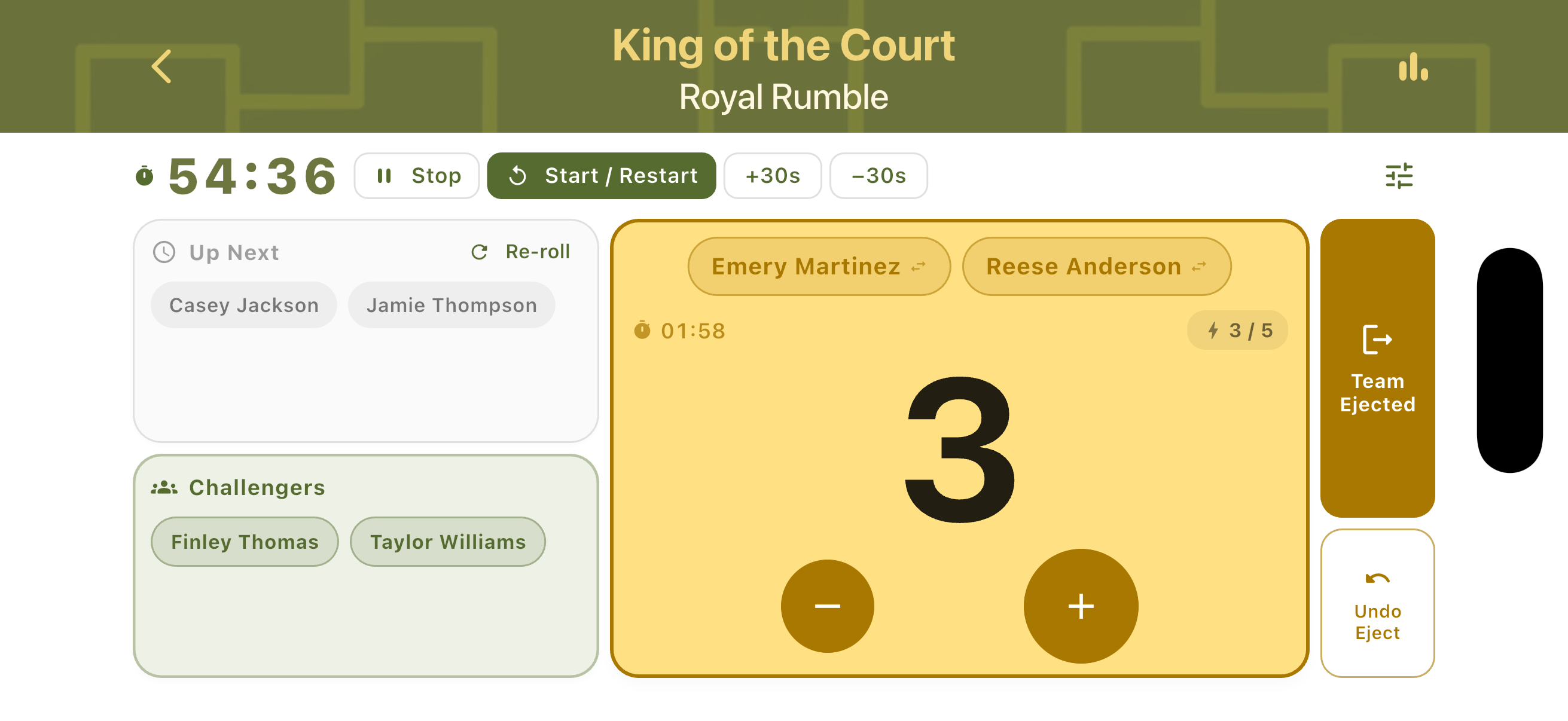 King of the Court landscape scorecard with session timer queue rows and defending team card
