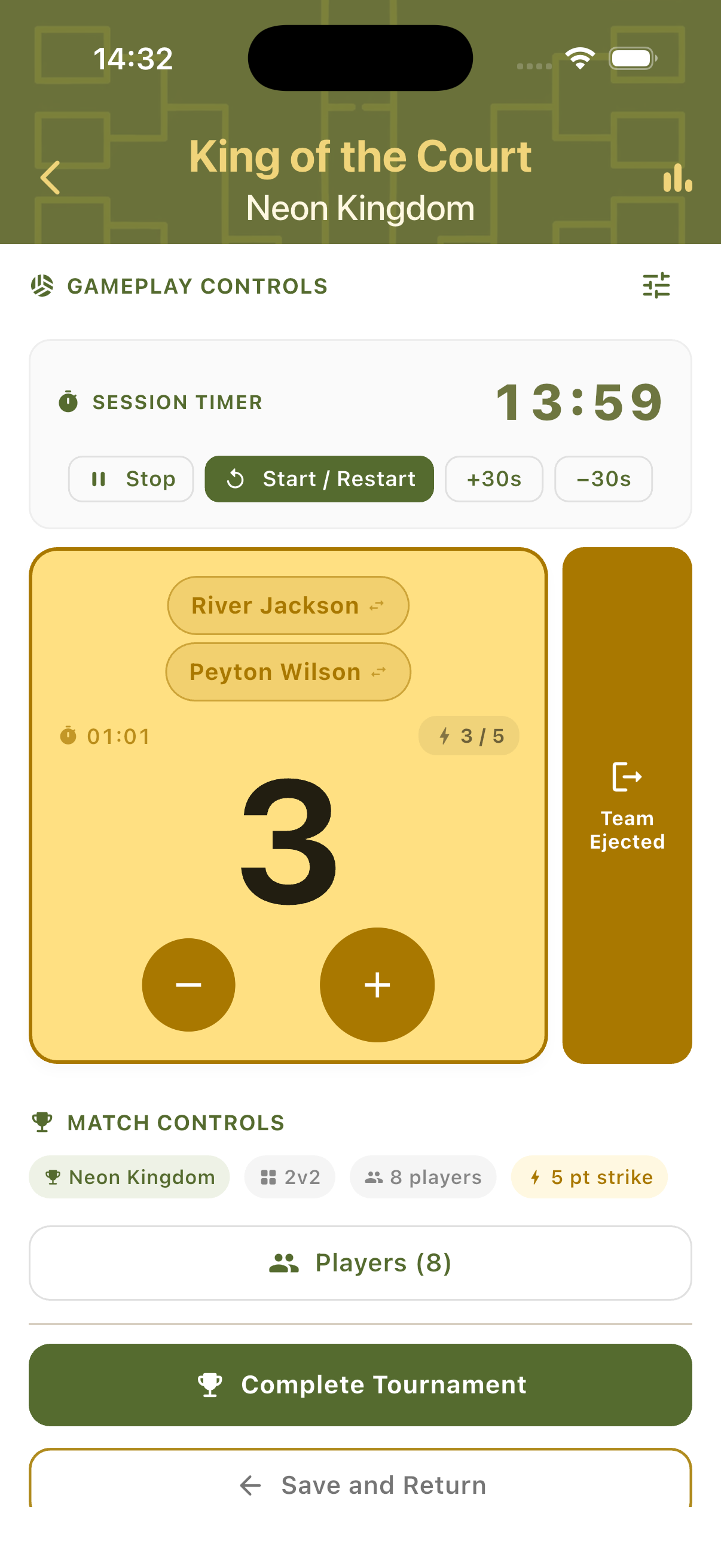 Manual mode scorecard showing defending team with score, strike counter and session timer
