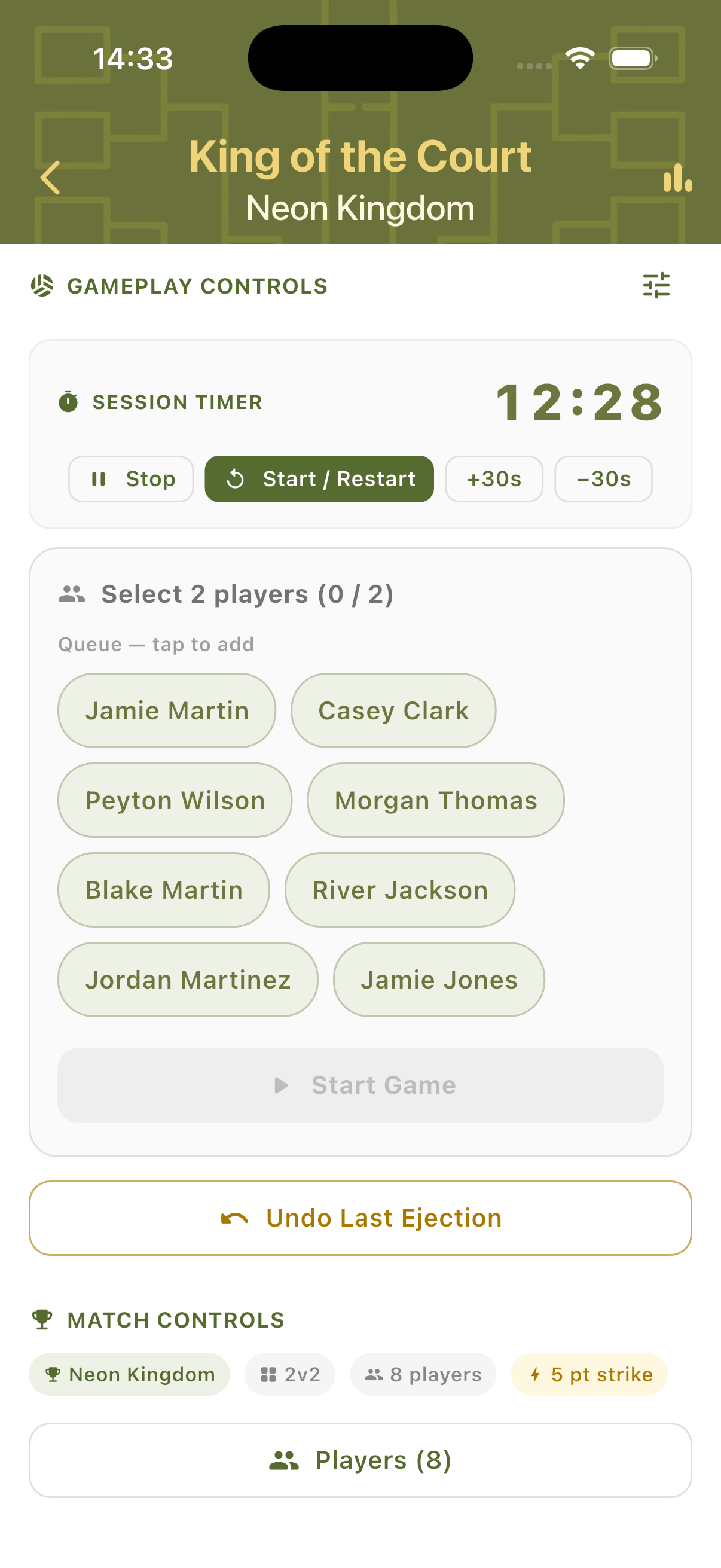 Manual queue selection with all available players as tappable chip buttons and Undo Last Ejection option