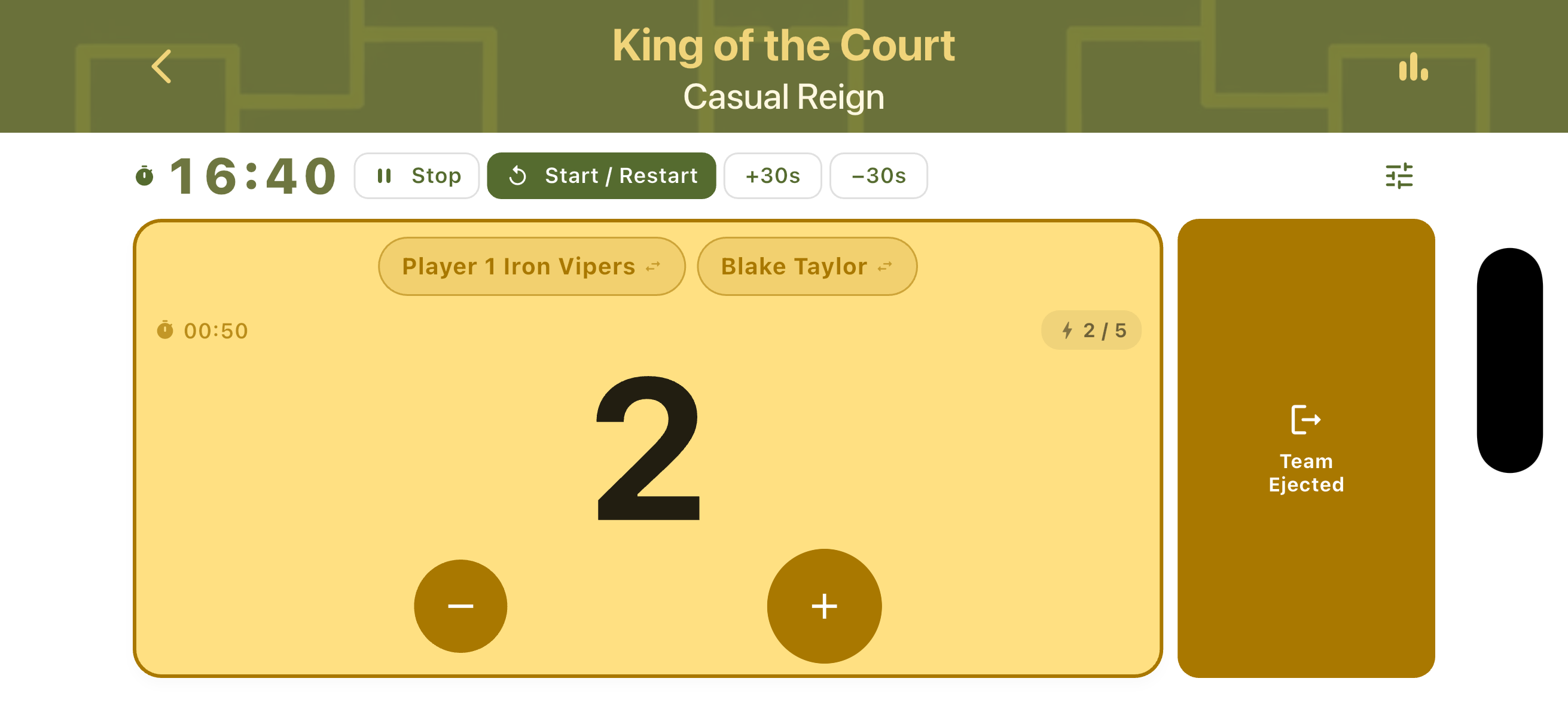 Landscape scorecard showing session timer on the left and team scoring on the right