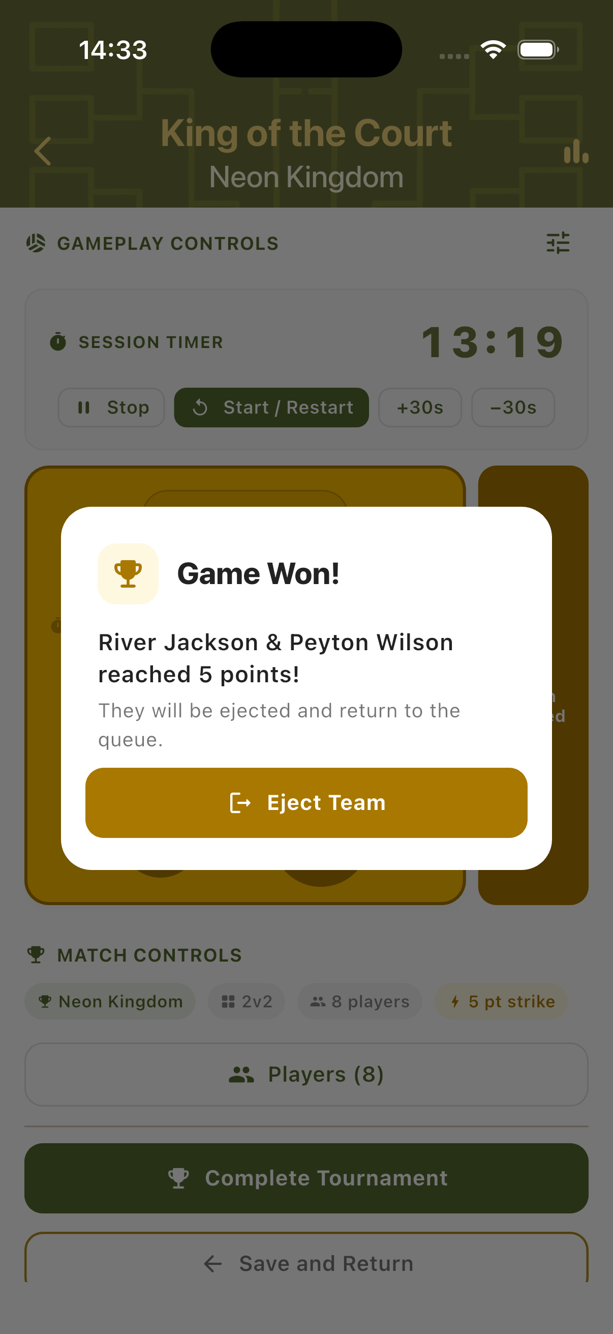 Game Won dialog showing team name, strike points reached and Eject Team confirmation button