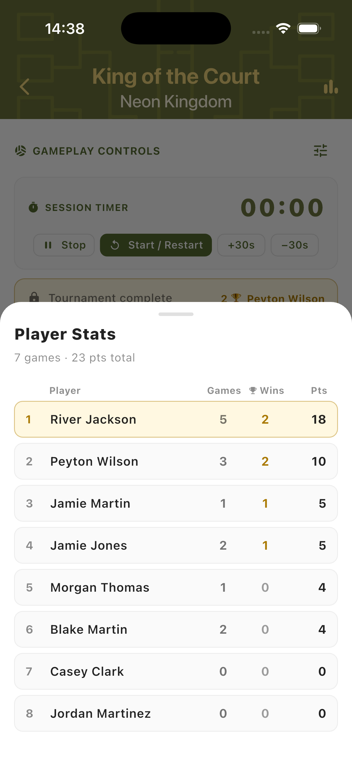 Player Stats panel showing final ranking by games, wins and total points with session leader highlighted