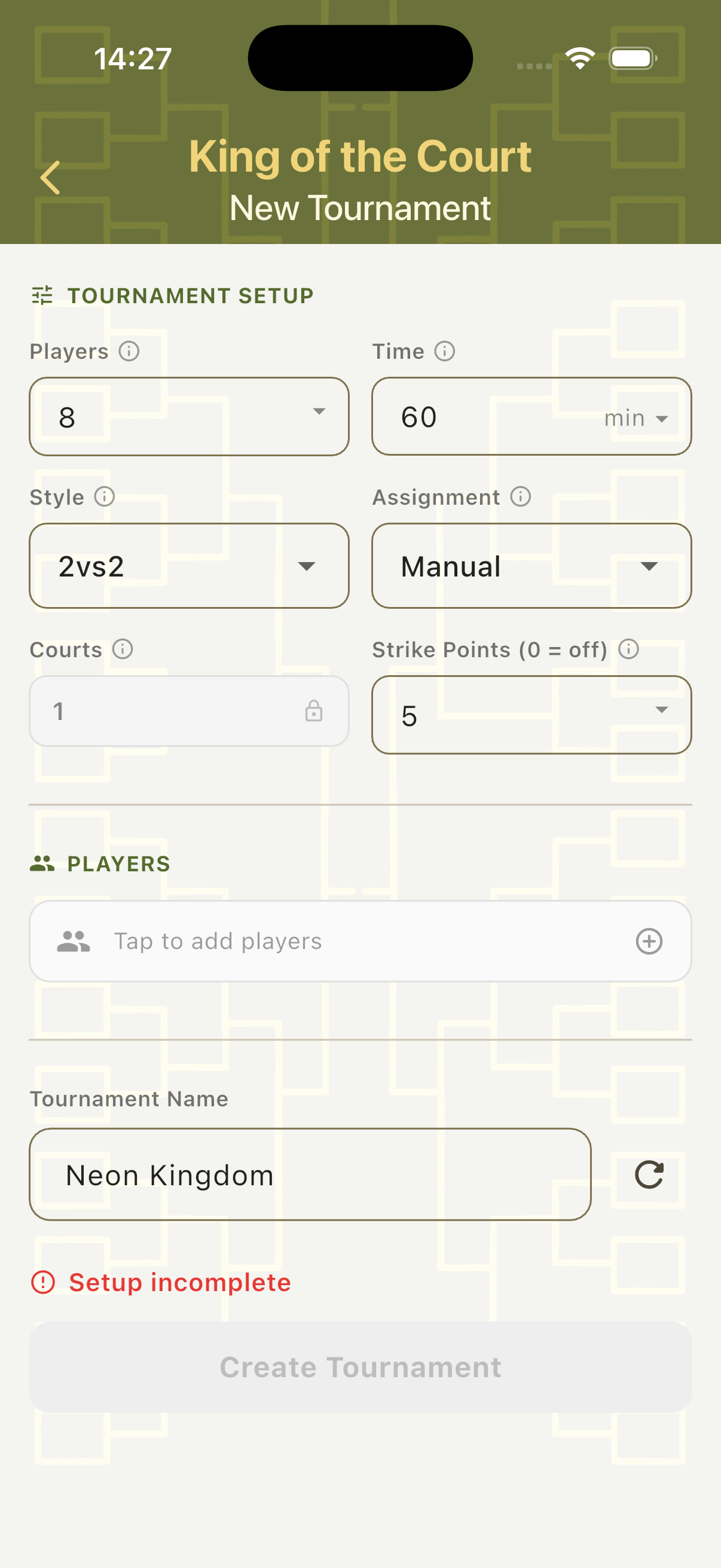 King of the Court setup form showing players, time, style, assignment mode, courts and strike points fields