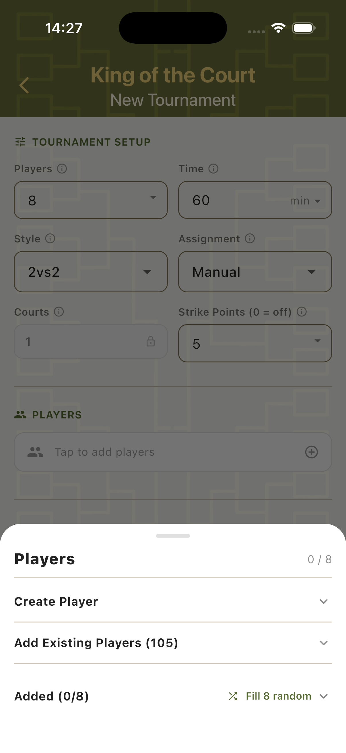 Player setup screen for King of the Court with player list and add options