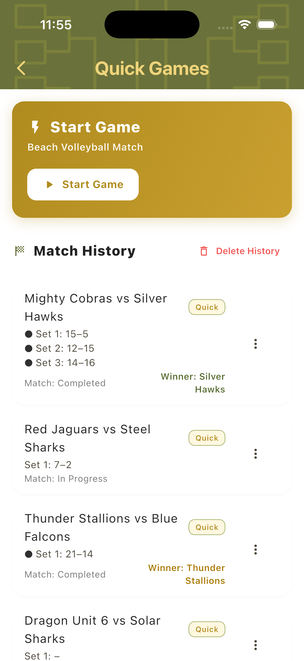 Quick Games hub showing Start Game and match history list