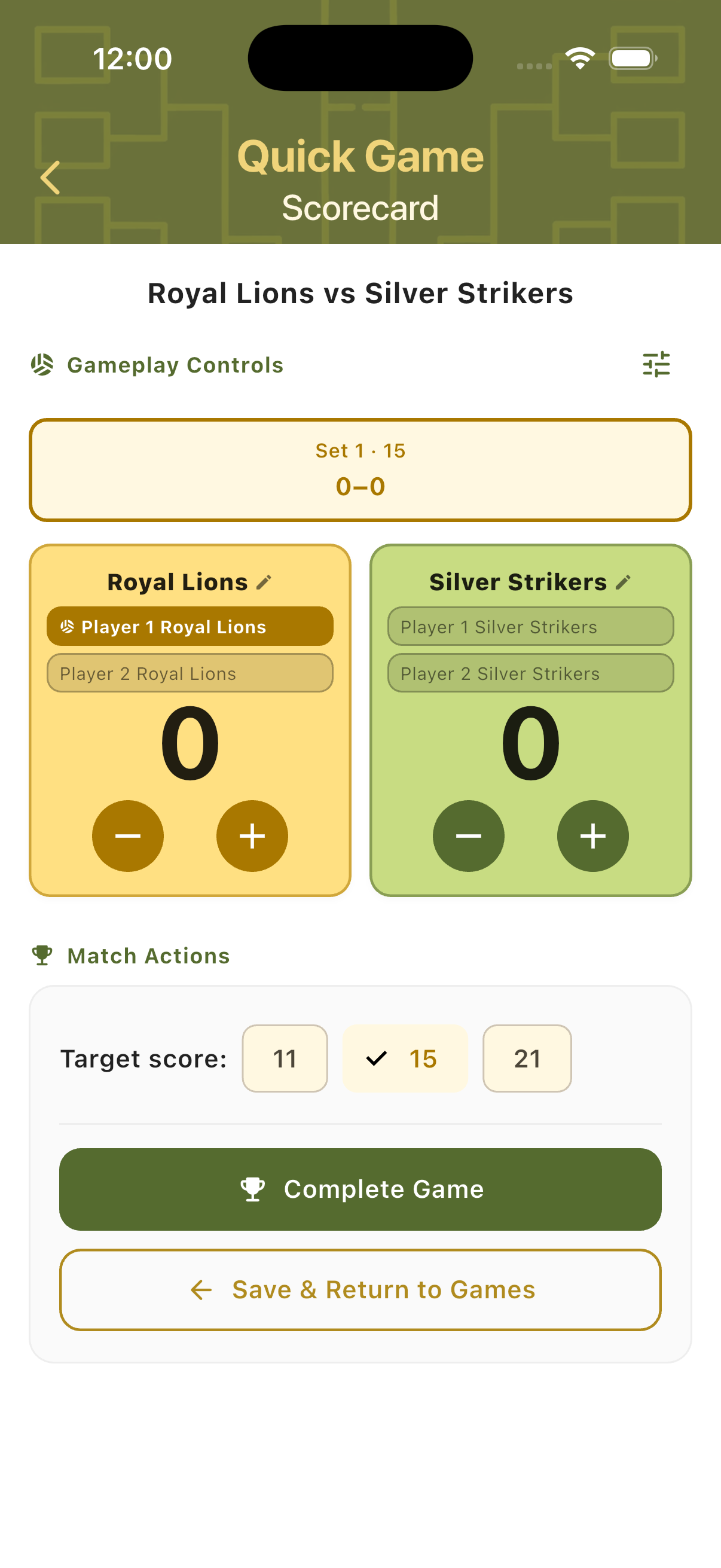Quick Game scorecard showing two teams with player names large score digits serving indicator and plus minus buttons