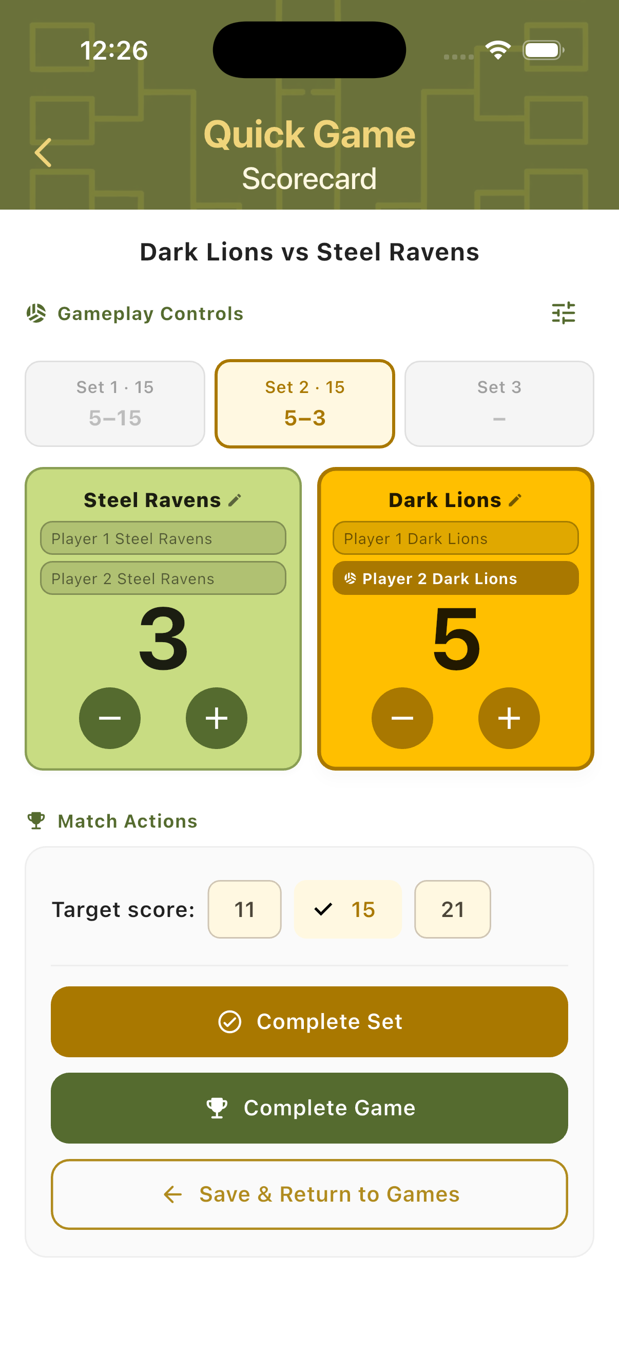 Three-set scorecard with set tabs at the top