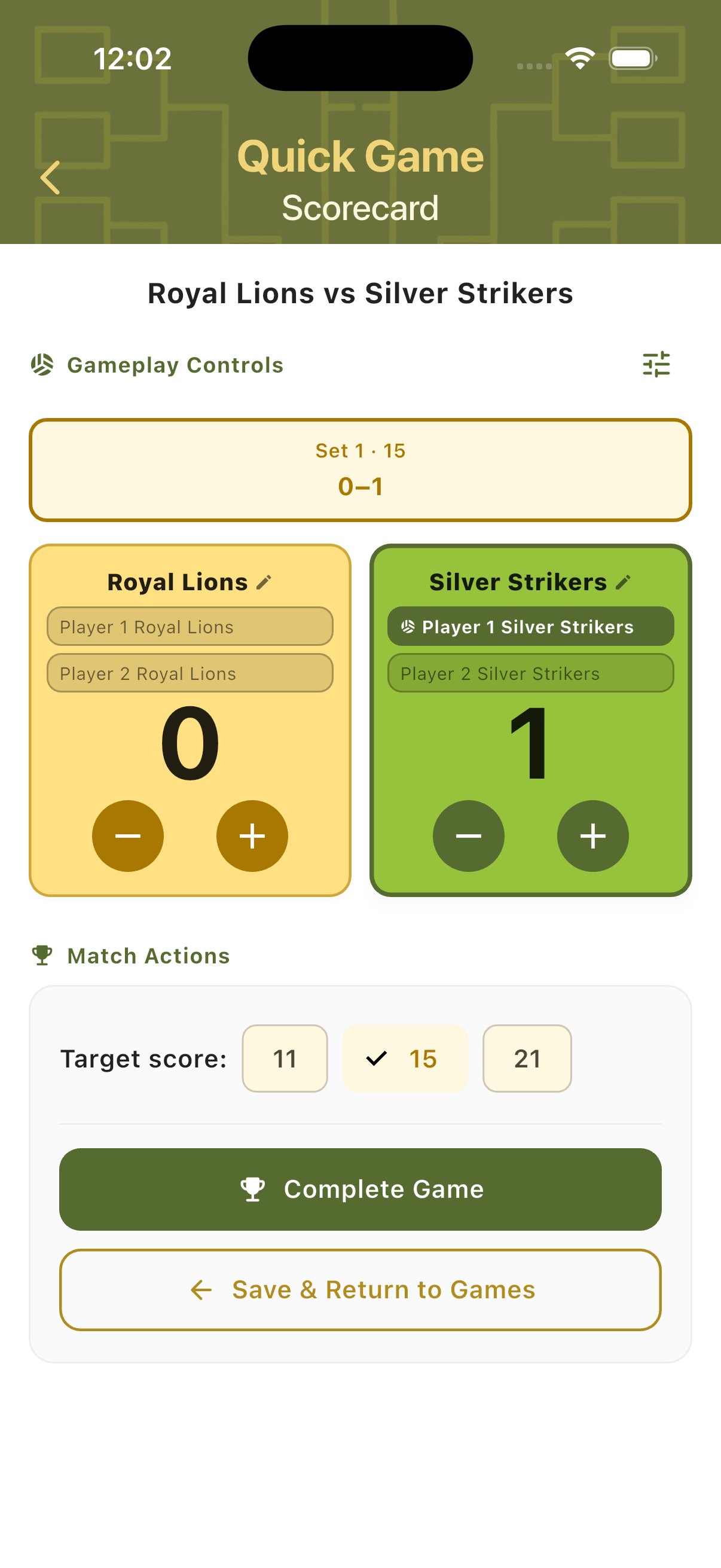 Scorecard showing active server highlighted in the team card