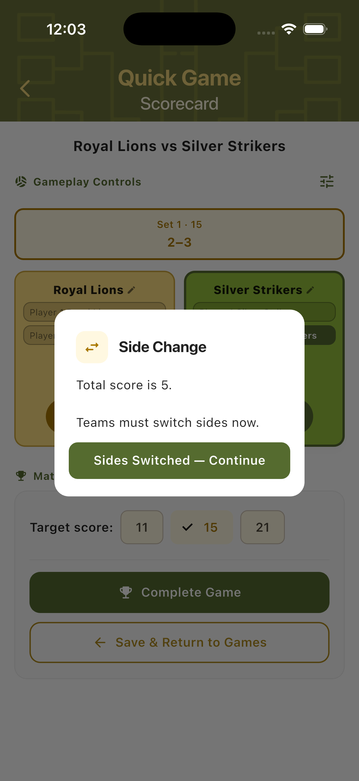 Side Change dialog prompting teams to switch sides