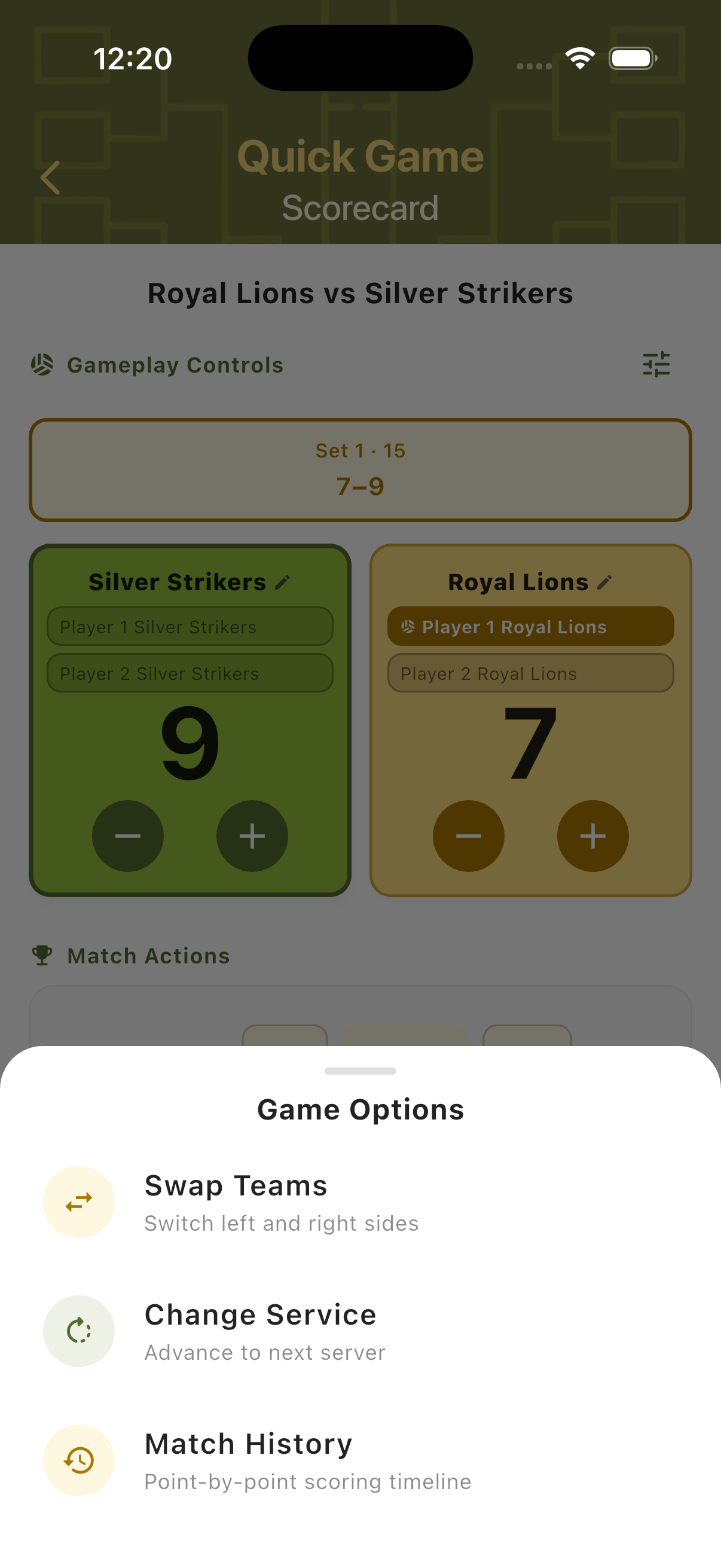 Game Options panel showing Swap Teams, Change Service and Match History