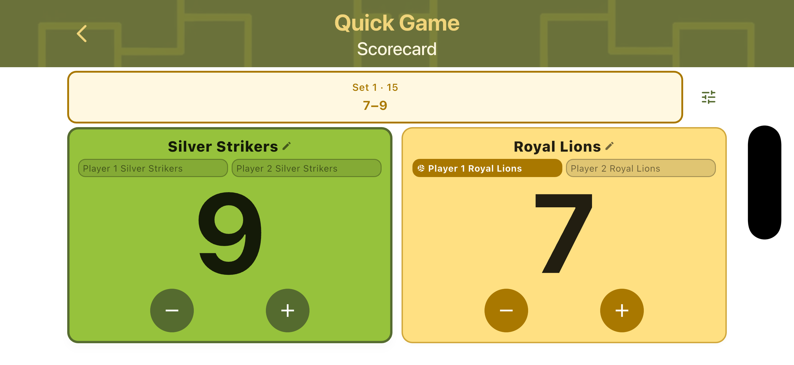 Quick Game landscape scorecard with team scores and serving indicator