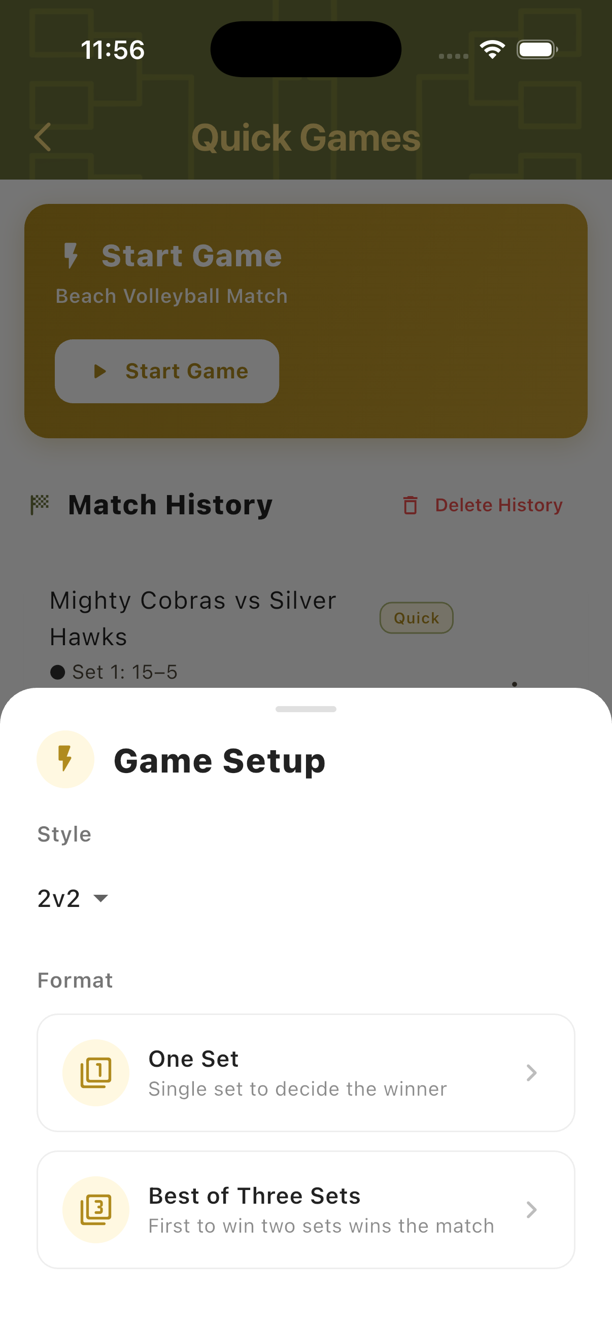 Game Setup sheet showing format selection