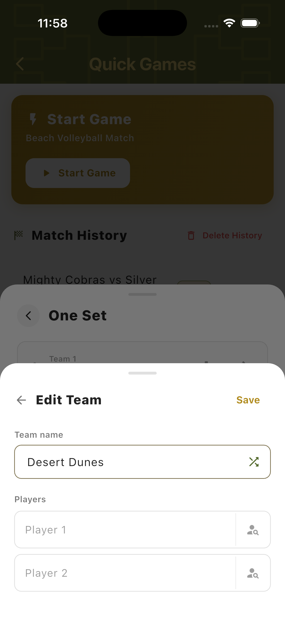 Edit Team sheet with team name and player fields