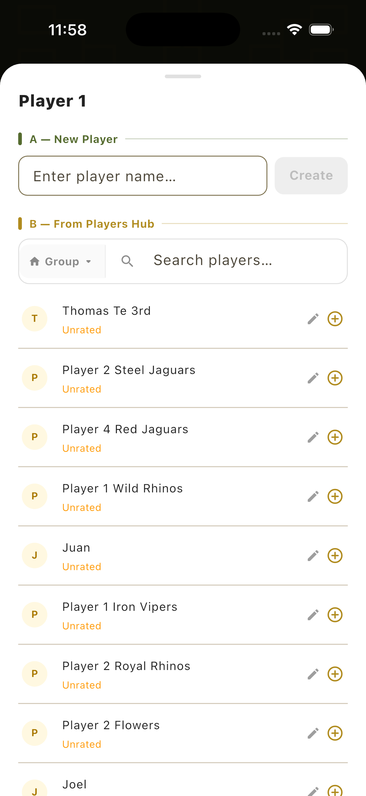 Quick Game team setup showing player import from Players Hub with search