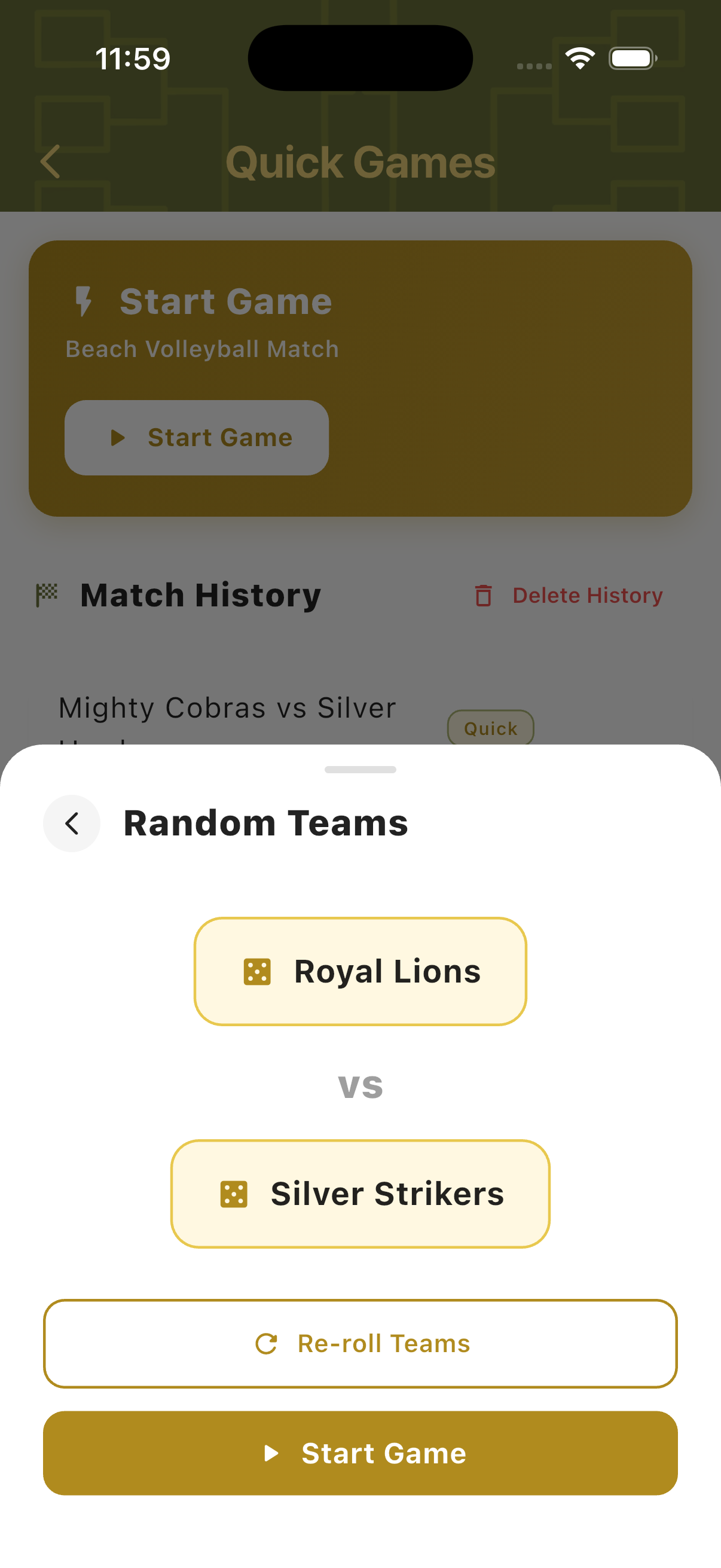 Random Teams screen with two generated team names and re-roll option