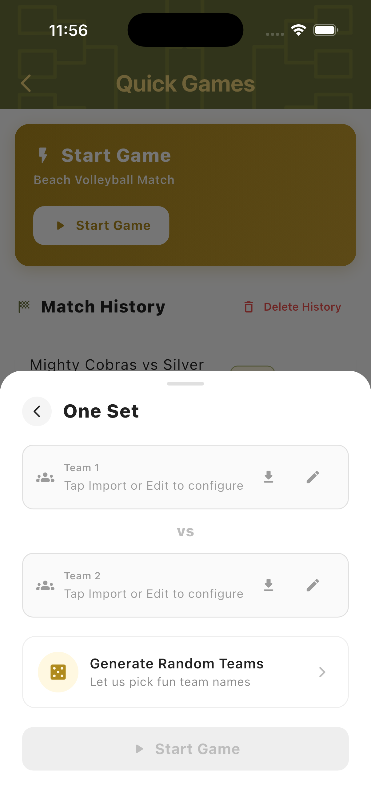 Team configuration screen with two team slots