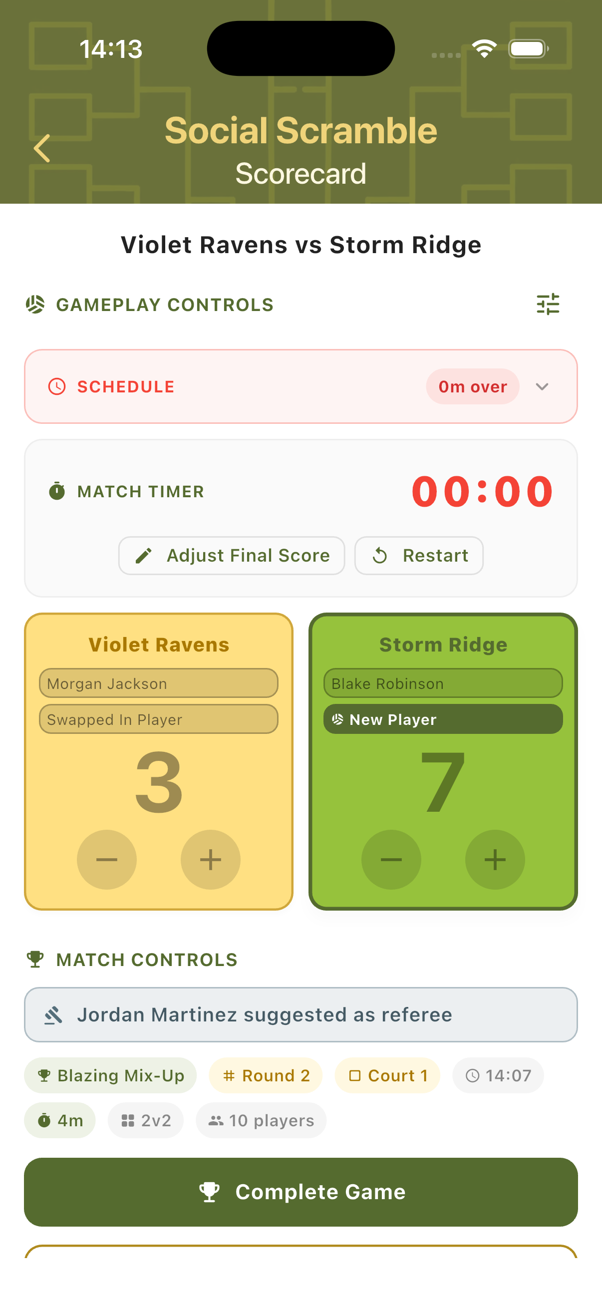 Post-timer scorecard showing Adjust Final Score and Restart options