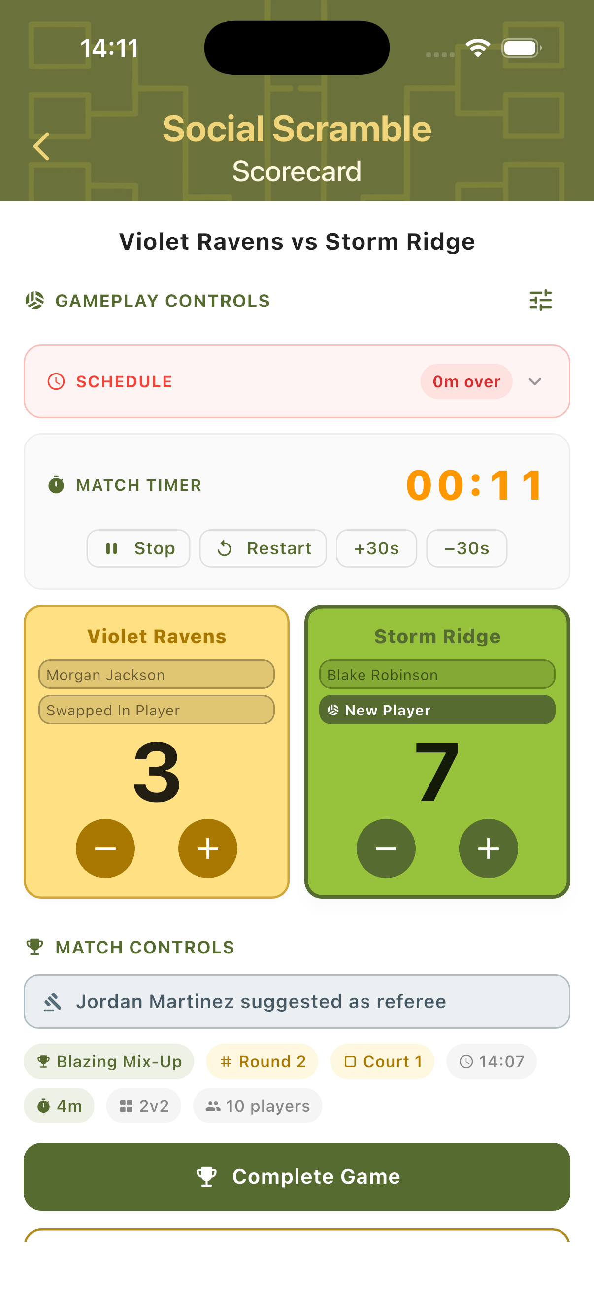 Social Scramble in-game scorecard with countdown timer team cards and match status