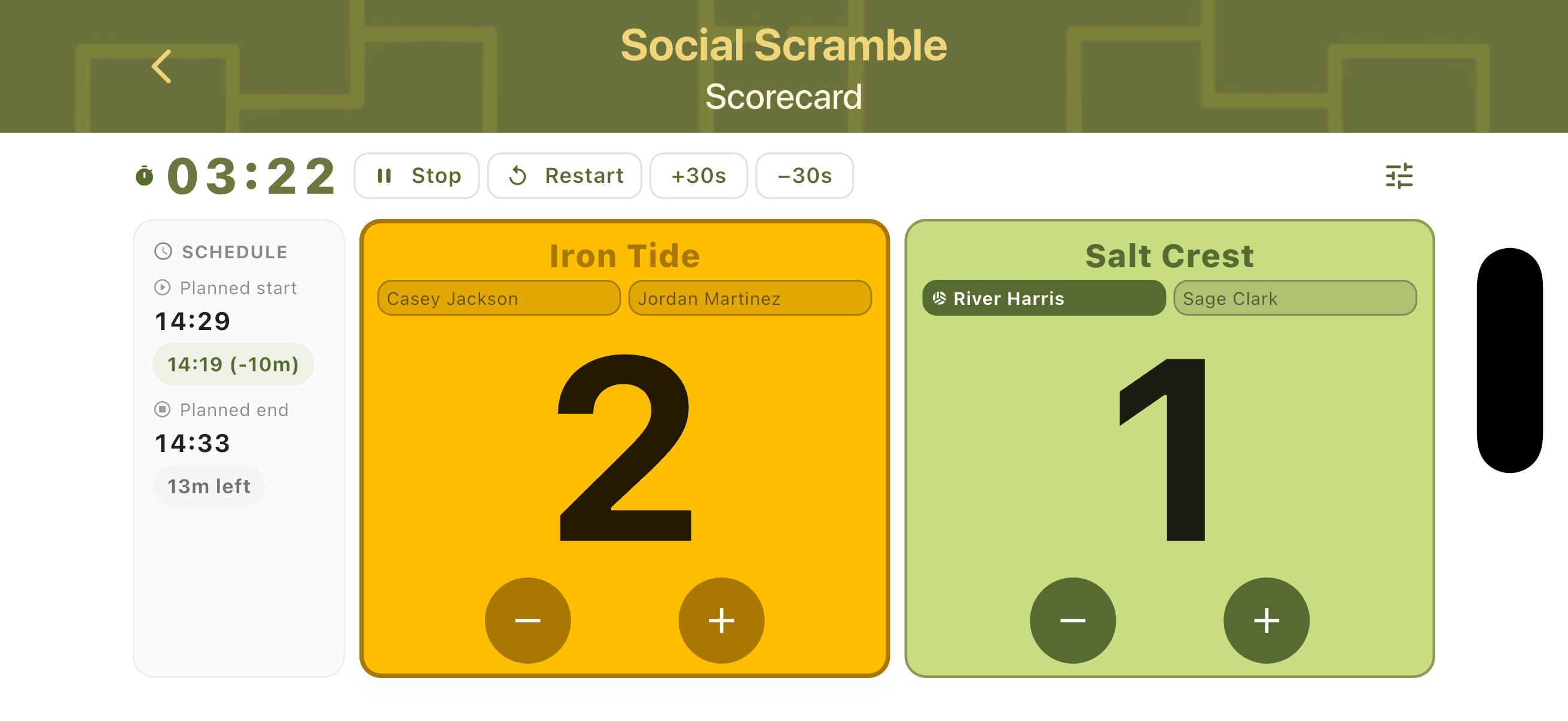 Social Scramble landscape scorecard with timer on left and team cards on right