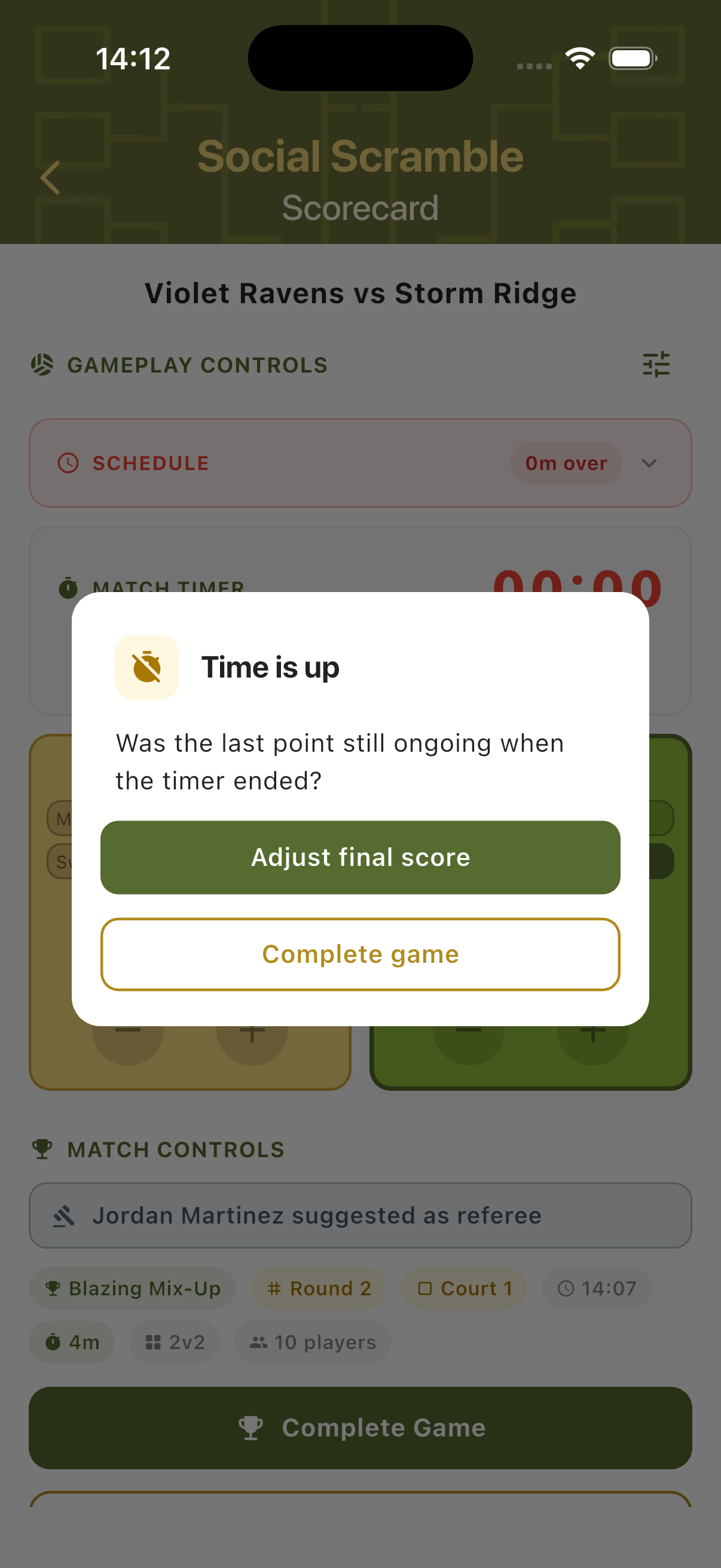 Time is up dialog with Adjust Final Score and Complete Game options