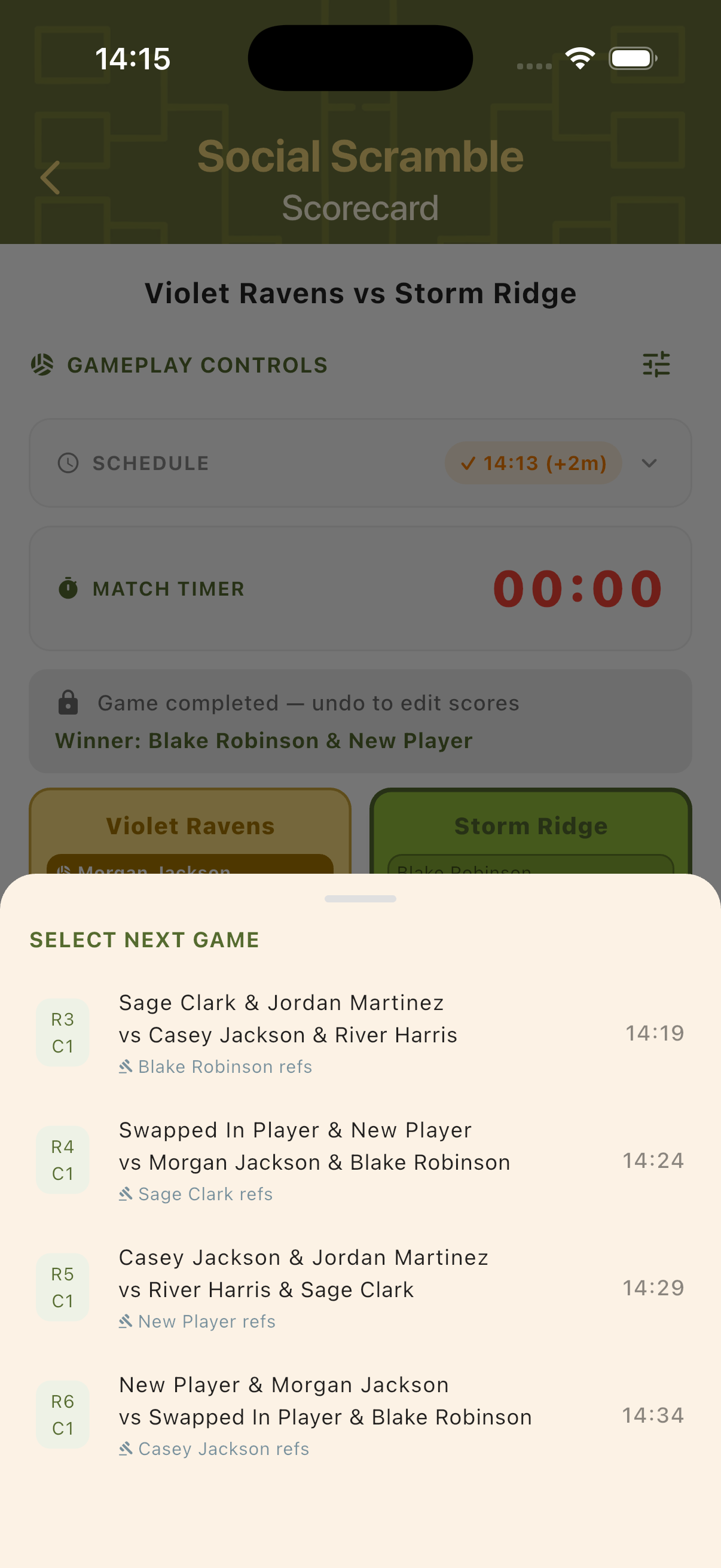 Select Next Game panel listing upcoming rounds with court and time info