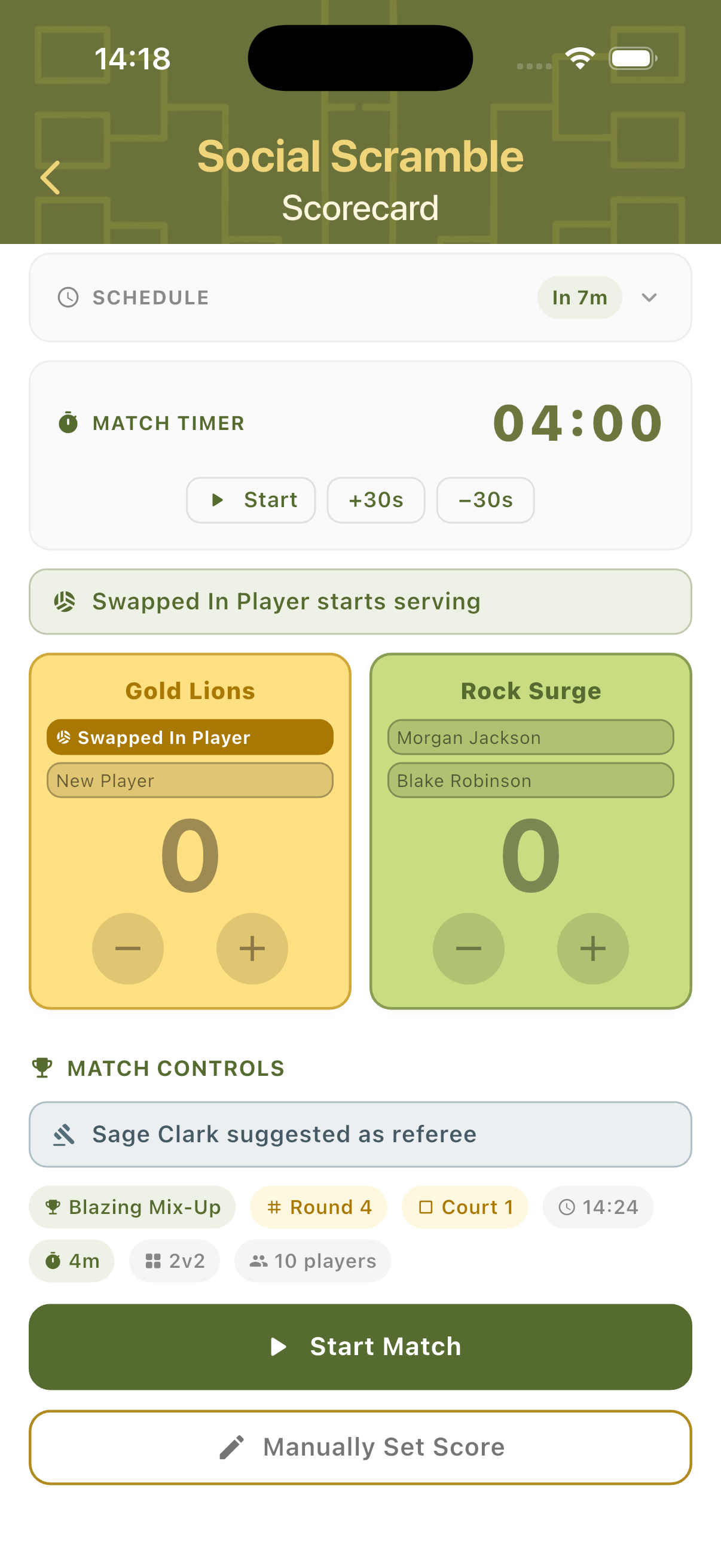 Pre-game scorecard showing match context, referee suggestion and Start Match button