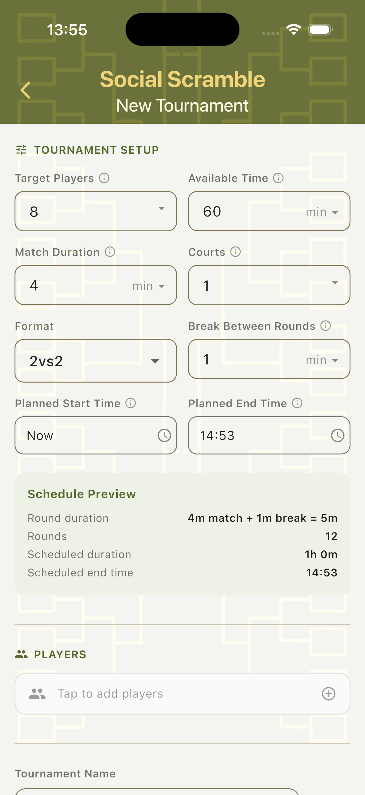 Tournament setup form with all configuration fields and live schedule preview