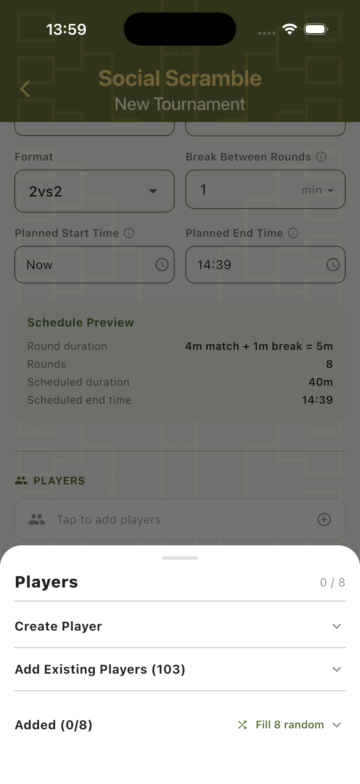 Player panel showing Create Player, Add Existing Players and Fill random options