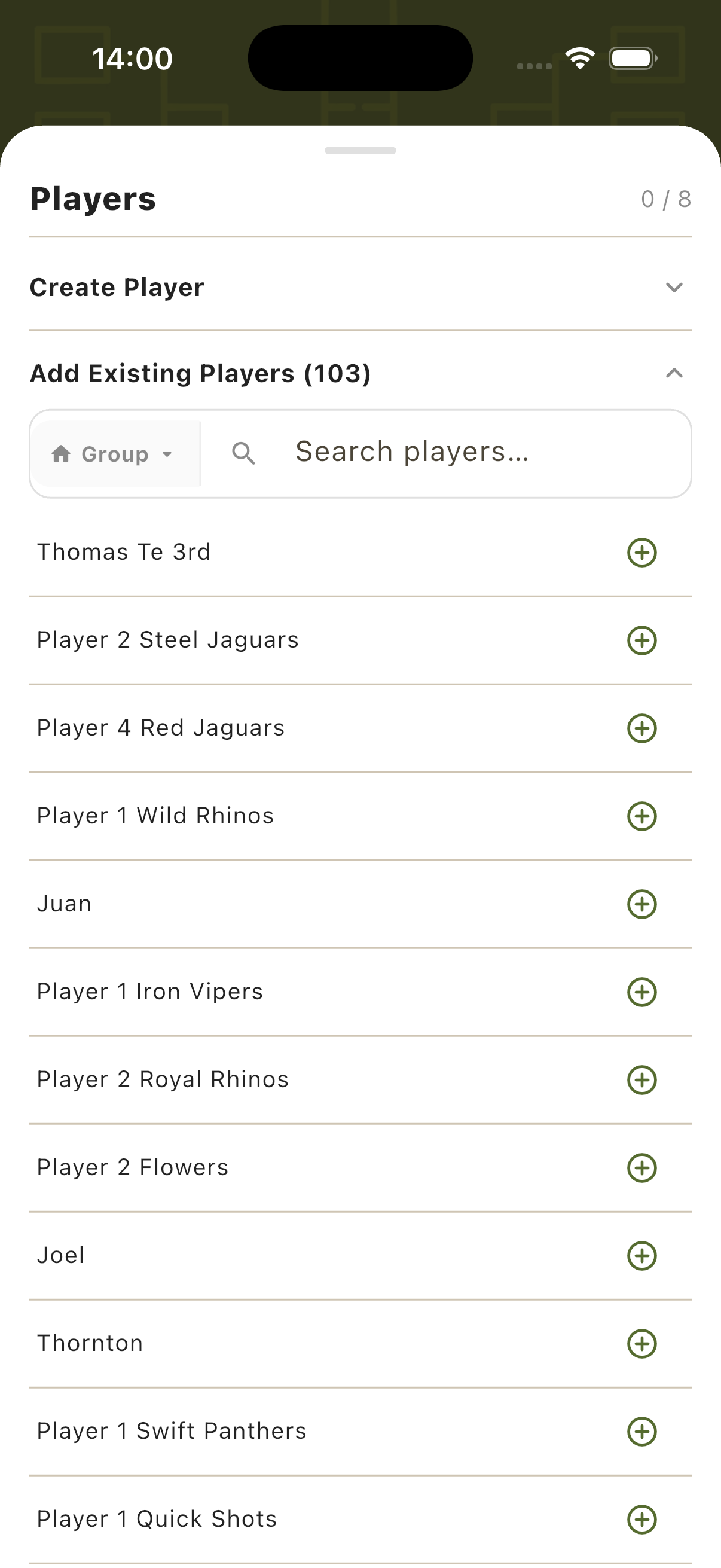Add Existing Players panel during Social Scramble setup showing searchable player list with Group filter