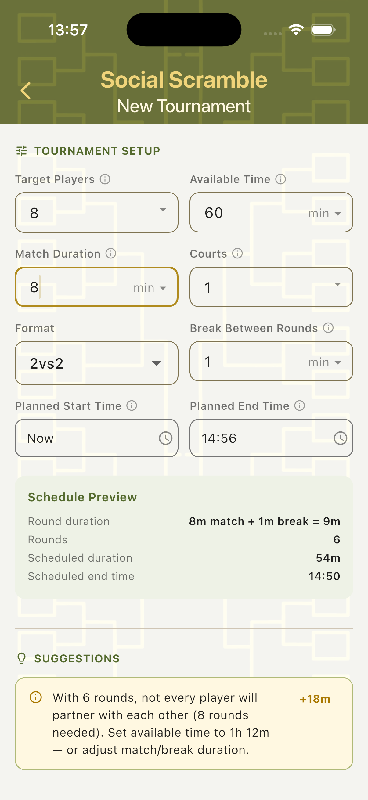 Setup suggestions showing partner coverage tip with recommended time adjustment