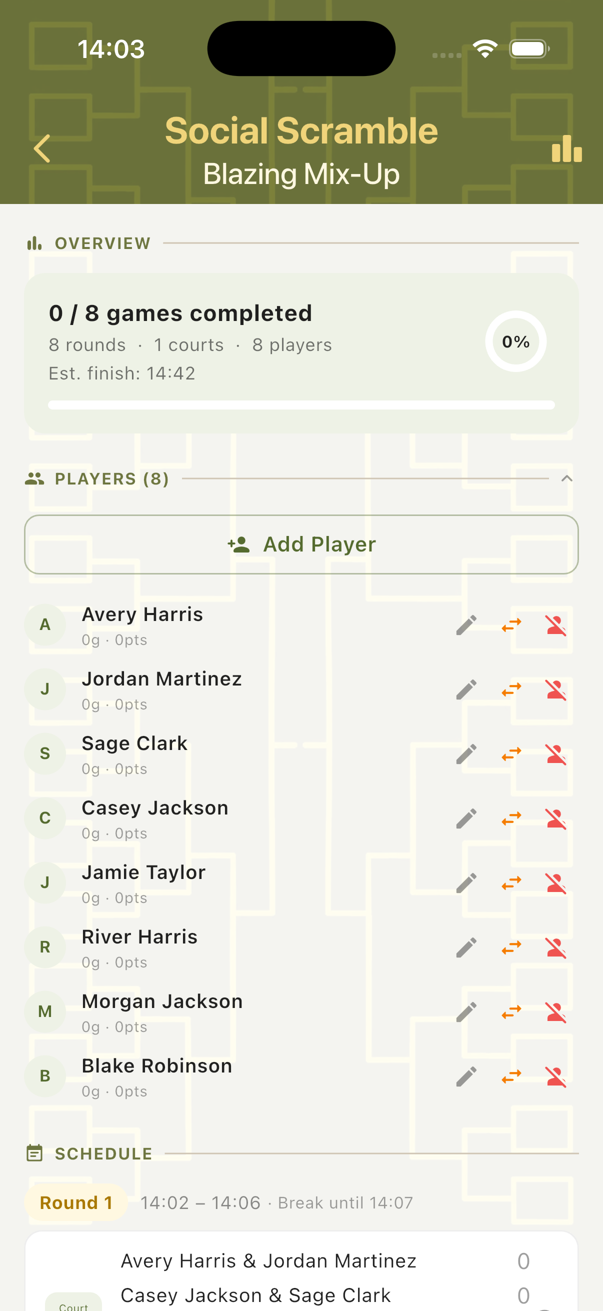 Tournament view with player list, game stats and round schedule