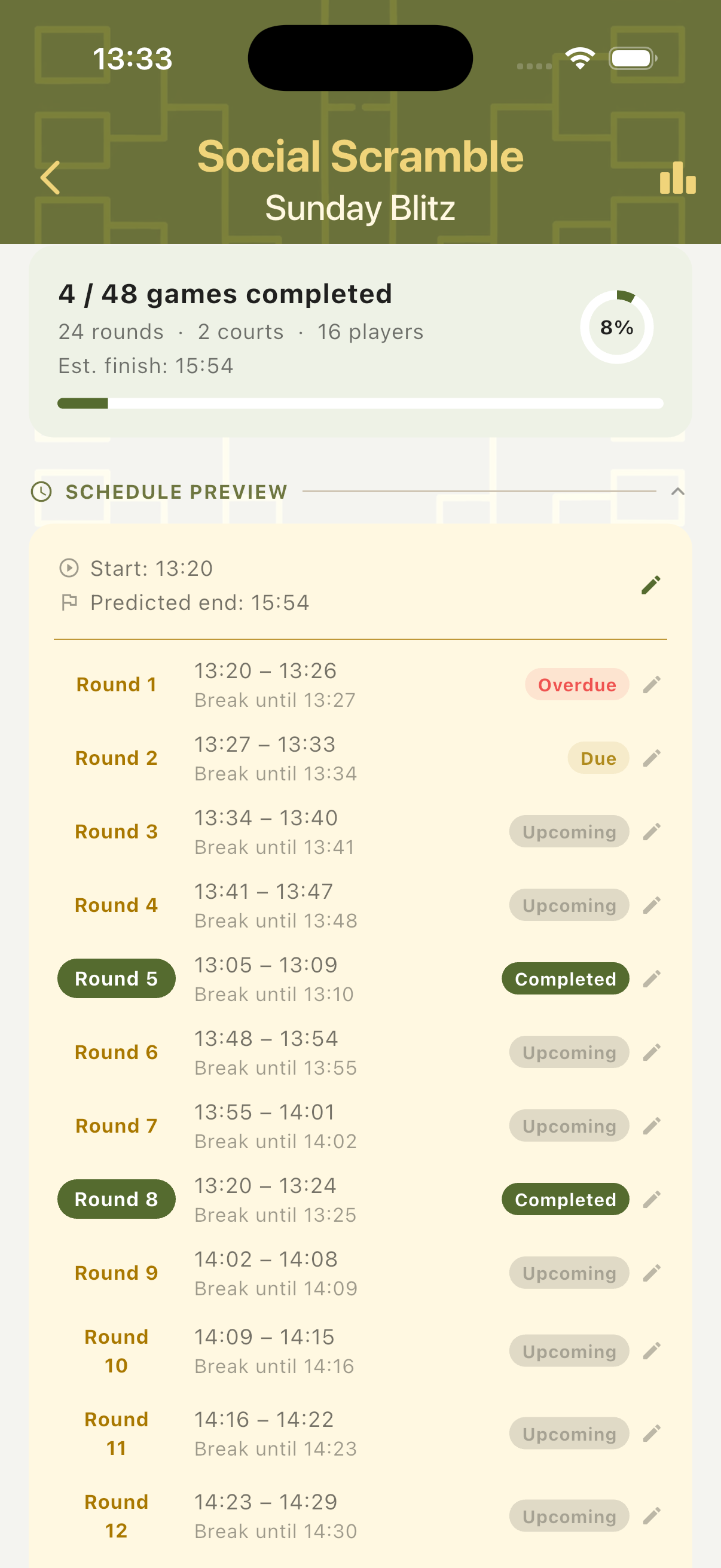 Expanded schedule preview showing all rounds with status labels