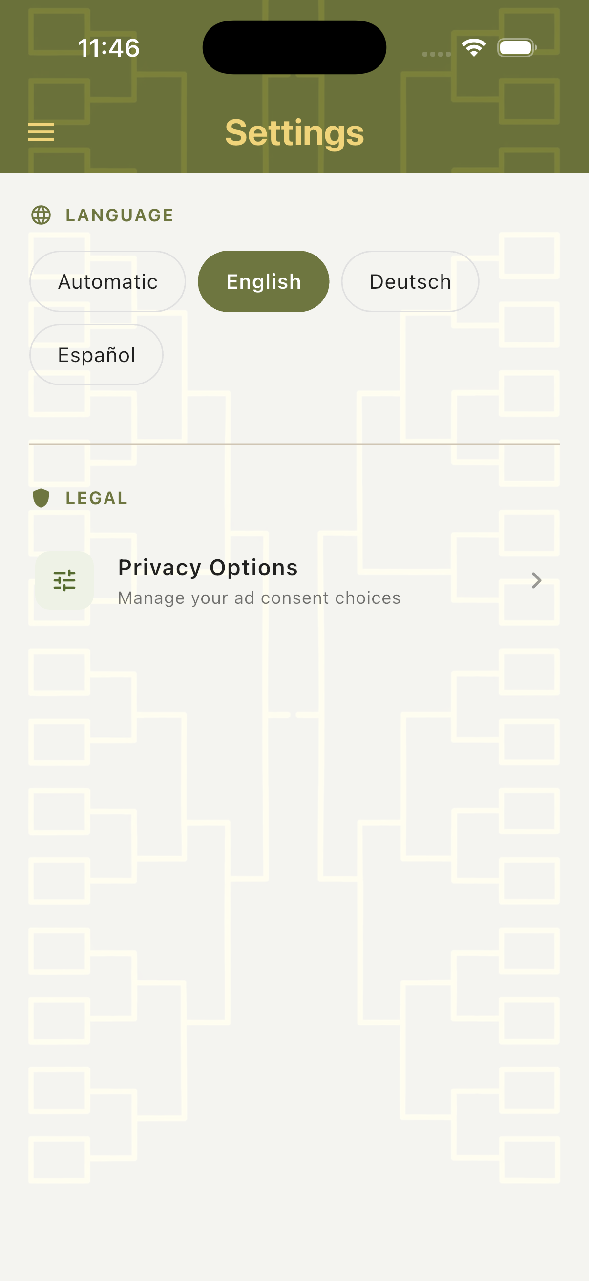 Settings screen showing Language selection with Automatic English Deutsch Espanol options and Privacy Options