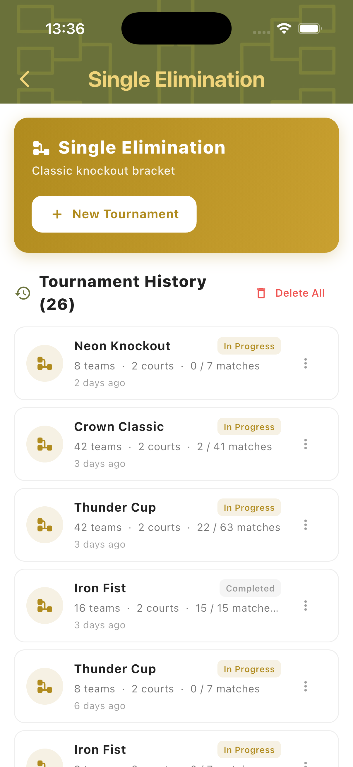 Single Elimination hub showing tournament history with team counts, courts, match progress and status