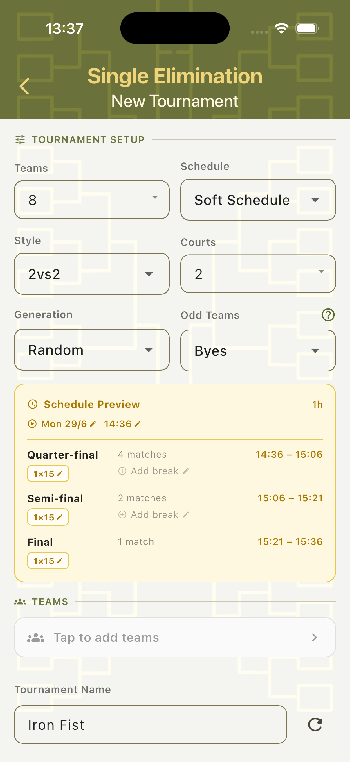 Single Elimination tournament setup form with schedule preview showing rounds and time slots