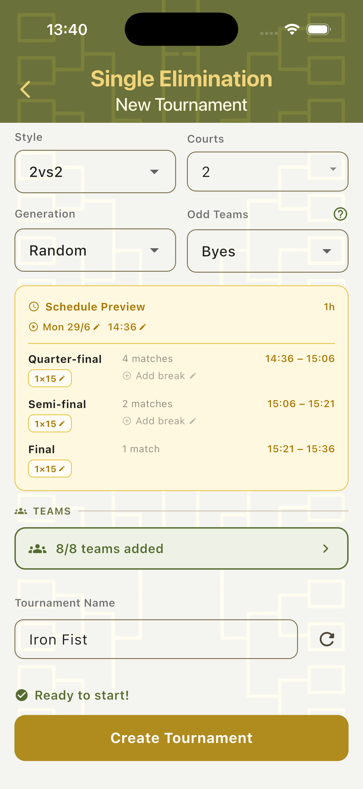 Setup form with 8/8 teams added, Ready to start indicator and Create Tournament button