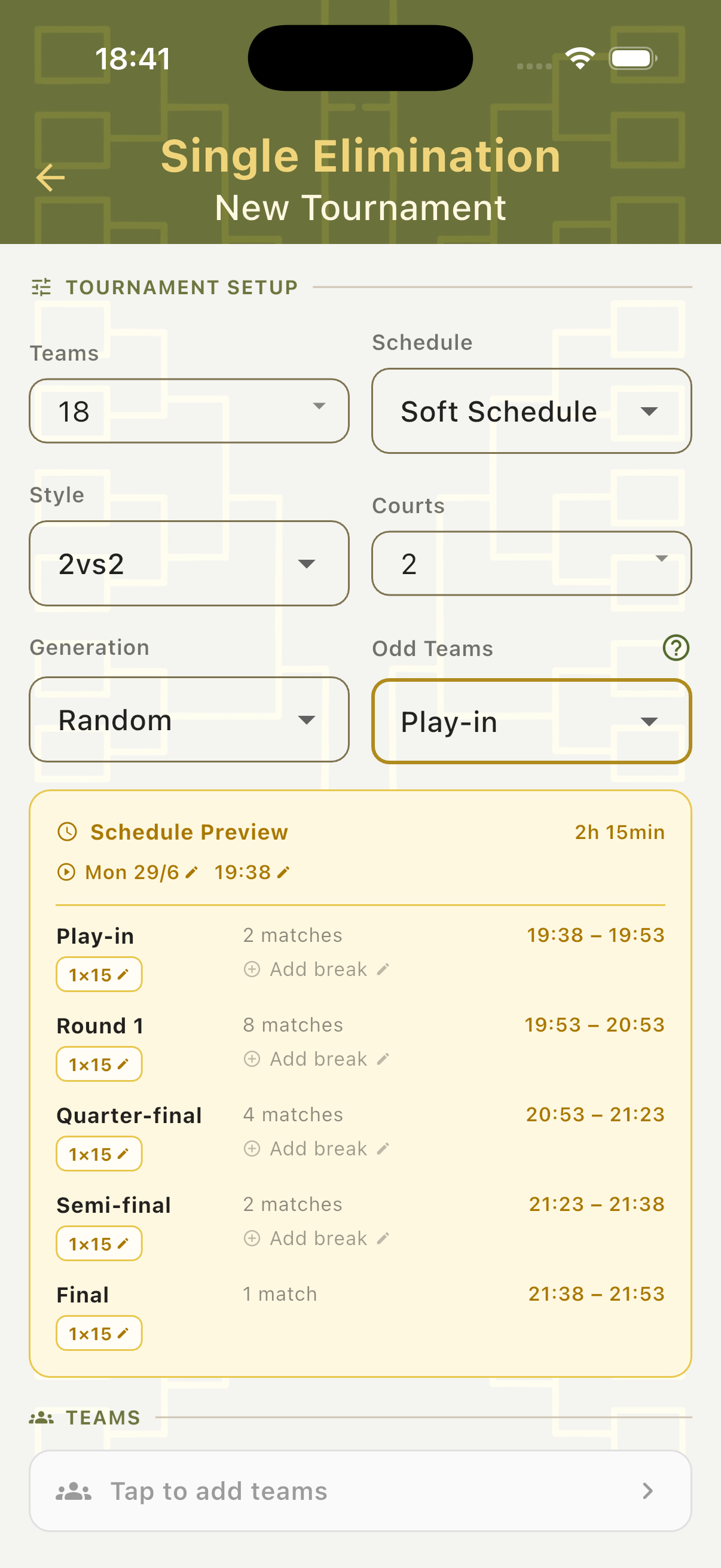 Setup with 18 teams and Play-in selected showing 5-round schedule with Play-in round first