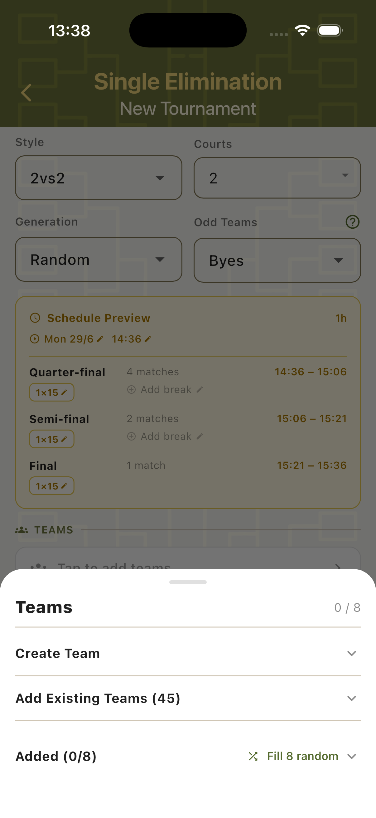 Teams bottom sheet showing Create Team, Add Existing Teams and Fill random options
