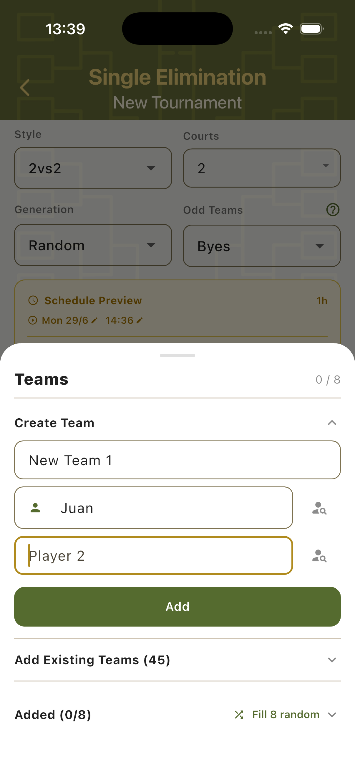 Create Team form showing team name, two player fields and Add button