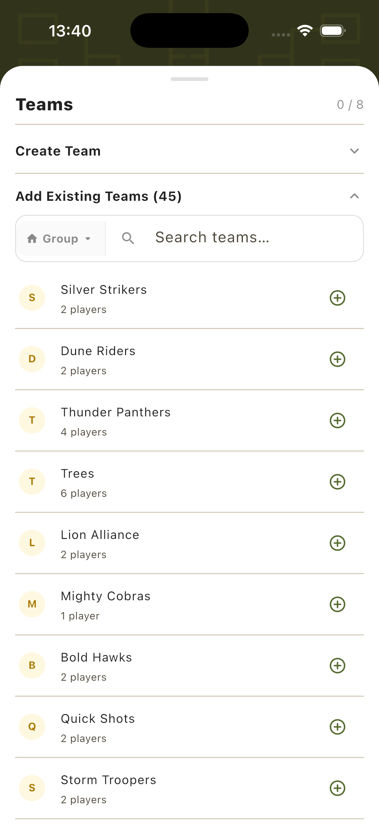 Add Existing Teams panel during Single Elimination setup showing saved teams with Group filter and add buttons