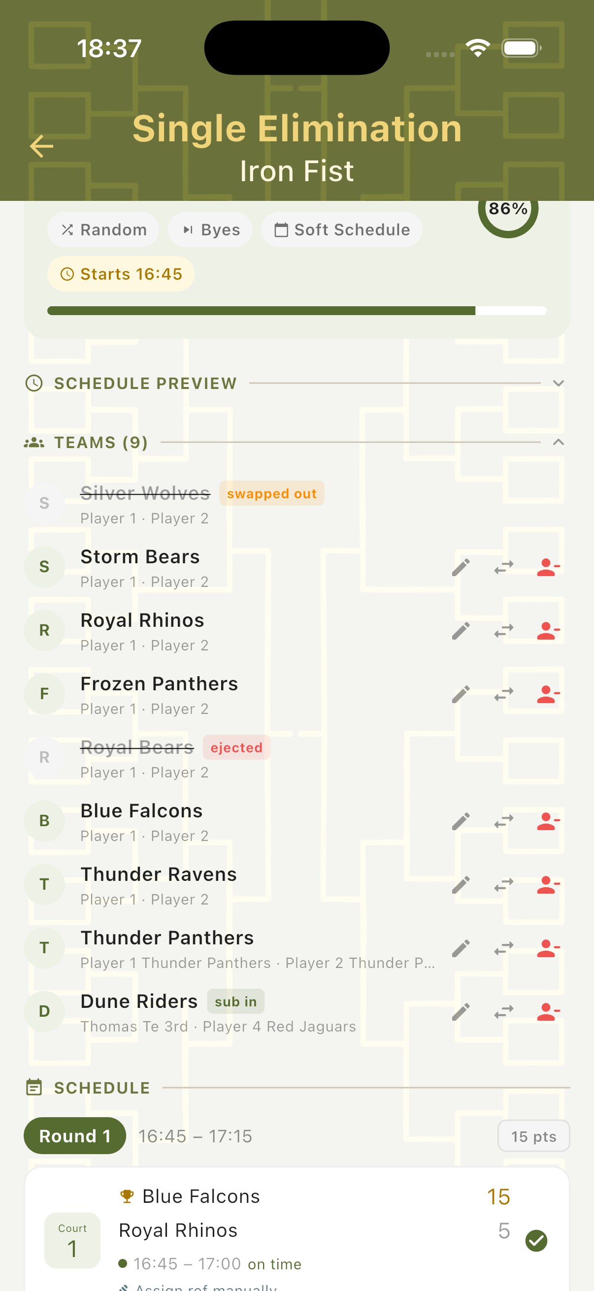 Teams panel showing team list with swapped out, ejected and sub in status tags and edit actions