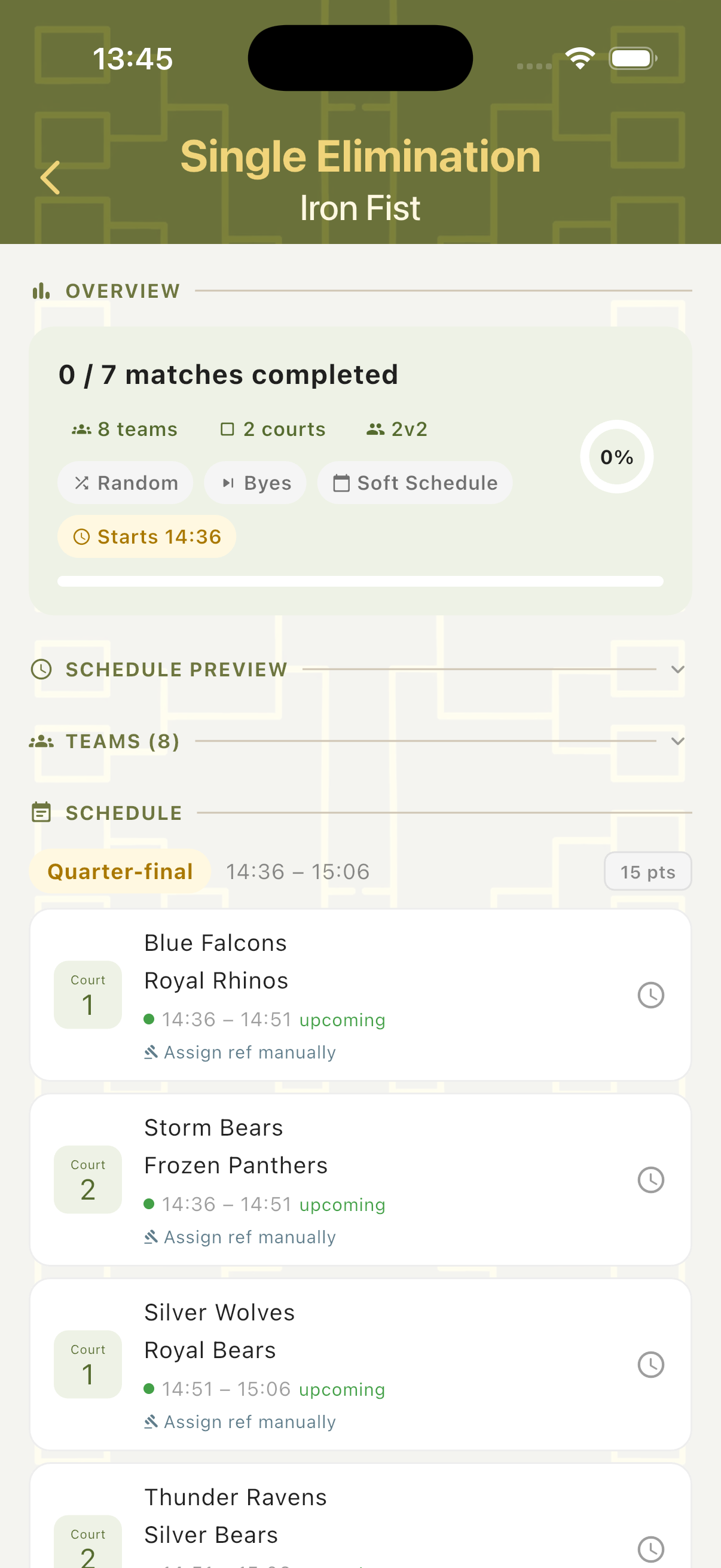 Tournament dashboard showing progress overview and full schedule by round