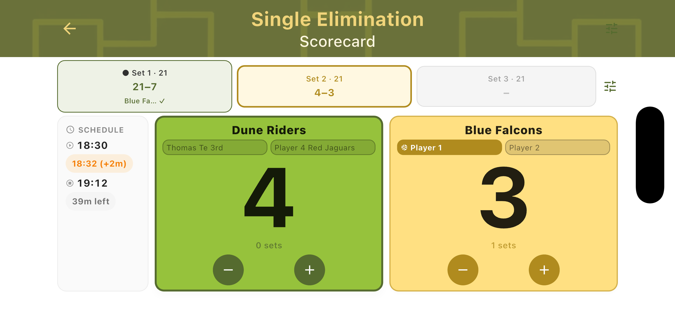 Single Elimination landscape scorecard with set tabs on left and team cards on right