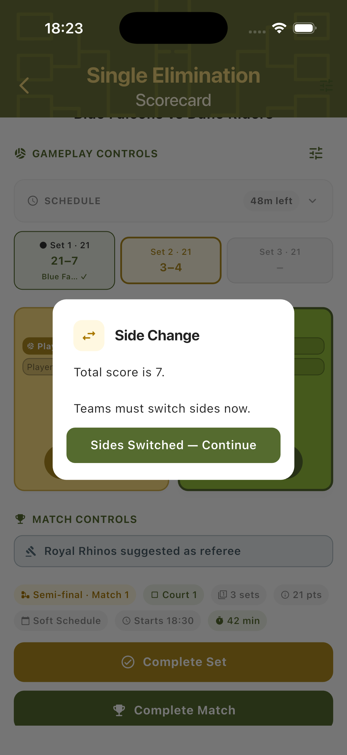 Side Change dialog showing total score and Sides Switched Continue button